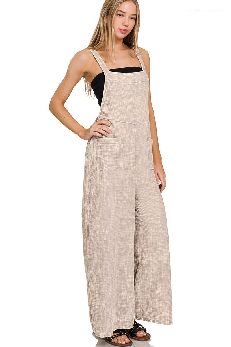 Flowy Gauze Wide Leg Overalls - Ash Mocha - Lavender Hills BeautyZenana