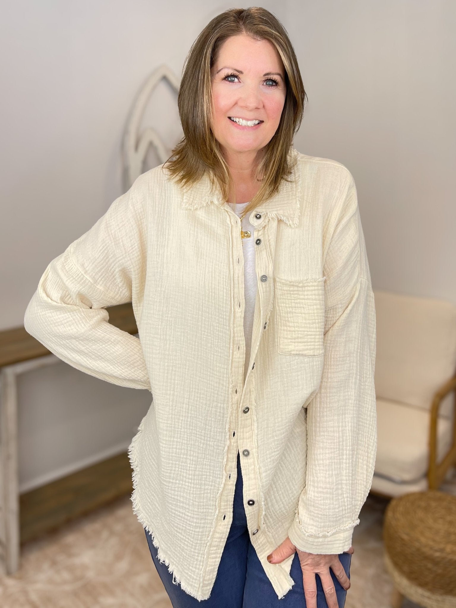 Gauze Button Down Long Sleeve Top - Light Beige - Lavender Hills BeautyZenanaQT-1271D4