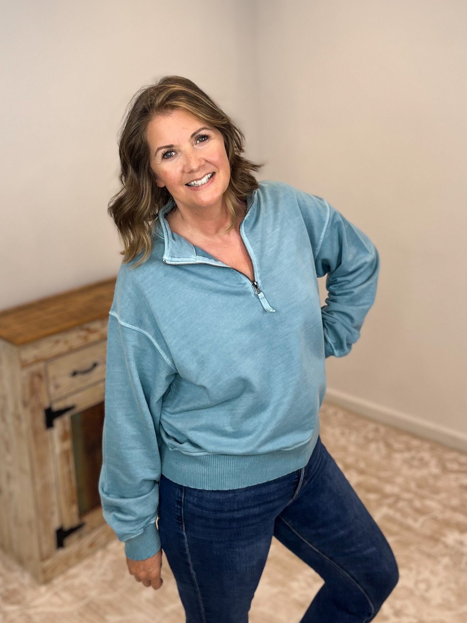 Go - To Half Zip Sweatshirt Pullover - Blue Grey - Lavender Hills BeautyZenanaTTW - 5282Y - BLUGRY - S