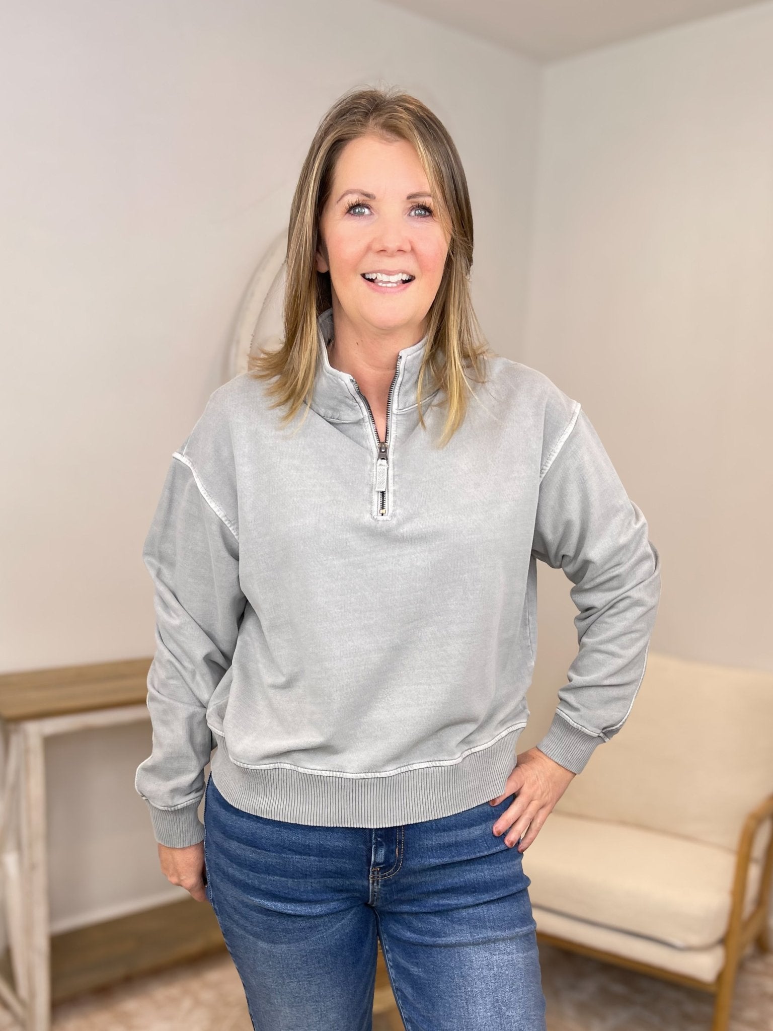 Go - To Half Zip French Terry Sweatshirt Pullover - Sleet - Lavender Hills BeautyZenanaTTW-5282Y-SLT-S