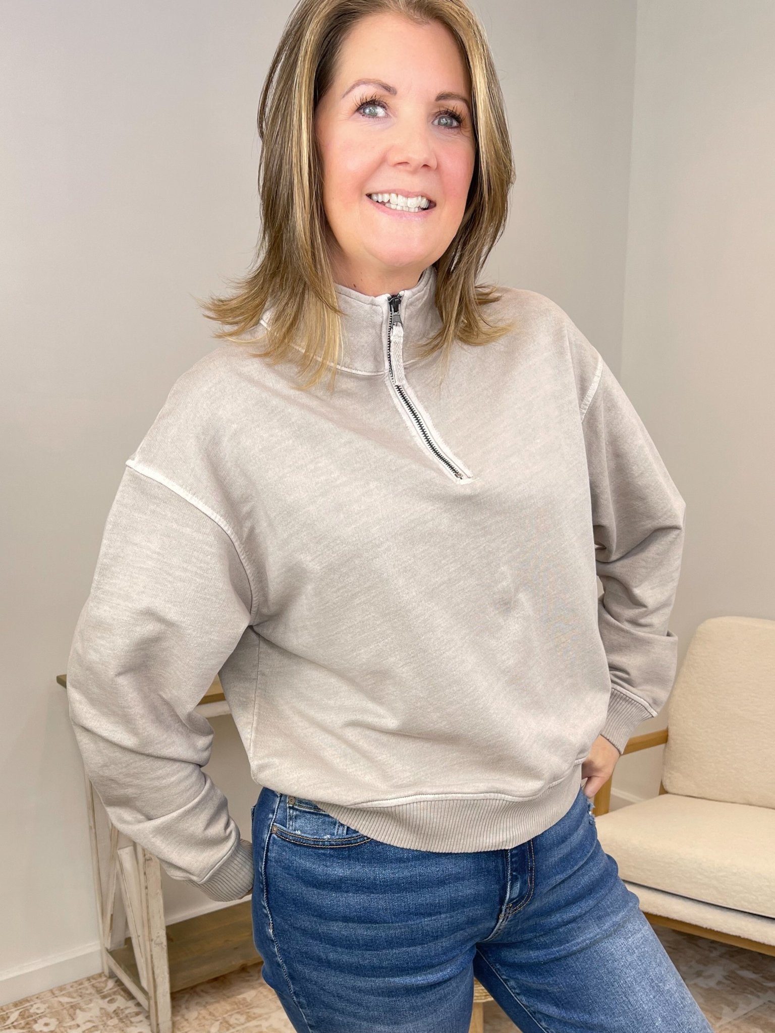 Go - To Half Zip French Terry Sweatshirt Pullover - Ash Mocha - Lavender Hills BeautyZenanaTTW-5282Y-ASHMCA-S