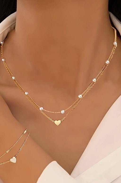 Gold Heart & Pearl Layered Necklace - 18K Stainless Steel Tarnish Free - Lavender Hills BeautyJosslyn by Wall to Wall40NK9436