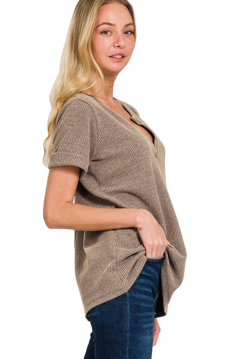 Notch Neck Short Sleeve Waffle Knit Top - Lavender Hills BeautyZenanaJT - 7527Y - BRN - S