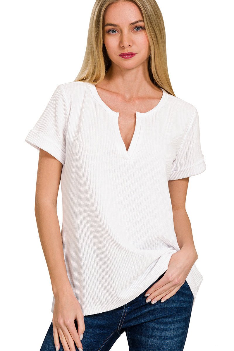 Notch Neck Short Sleeve Waffle Knit Top - Lavender Hills BeautyZenanaJT - 7527Y - OWHT - S