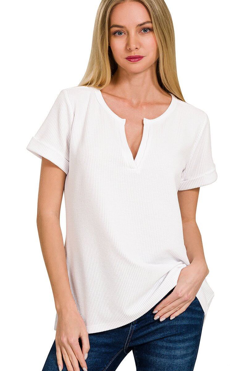 Notch Neck Short Sleeve Waffle Knit Top - Lavender Hills BeautyZenanaJT - 7527Y - OWHT - S