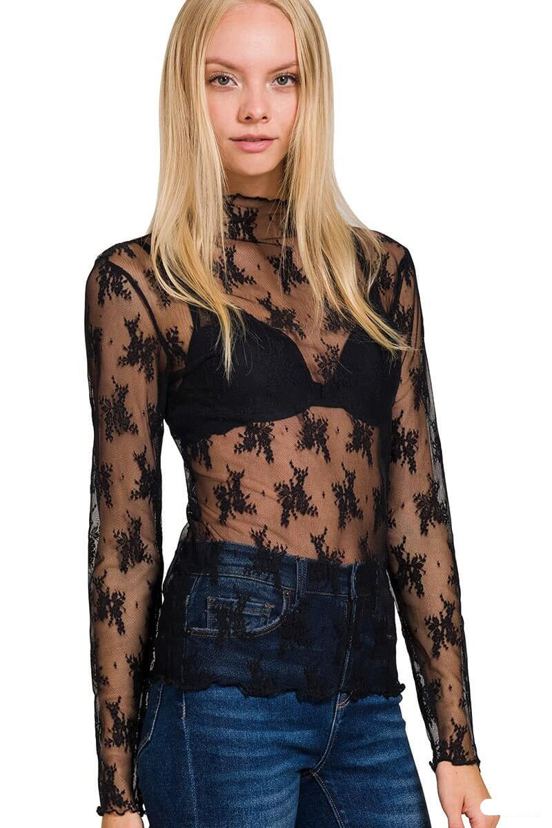 Black Lace Sheer Long Sleeve Top Shirt - Lavender Hills BeautyZenanaLT - 6343Y - S