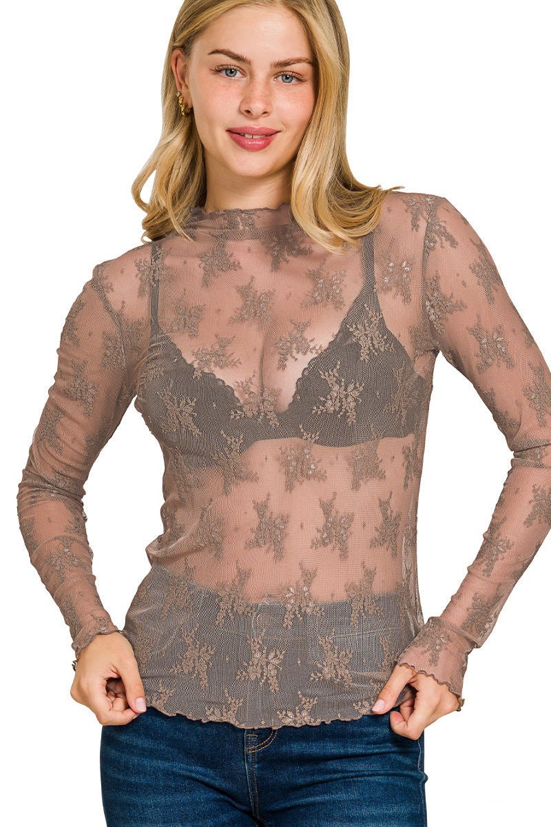 Lace Sheer Mesh Layering Long Sleeve Top Shirt - Lavender Hills BeautyZenanaLT-6343Y-COC-S