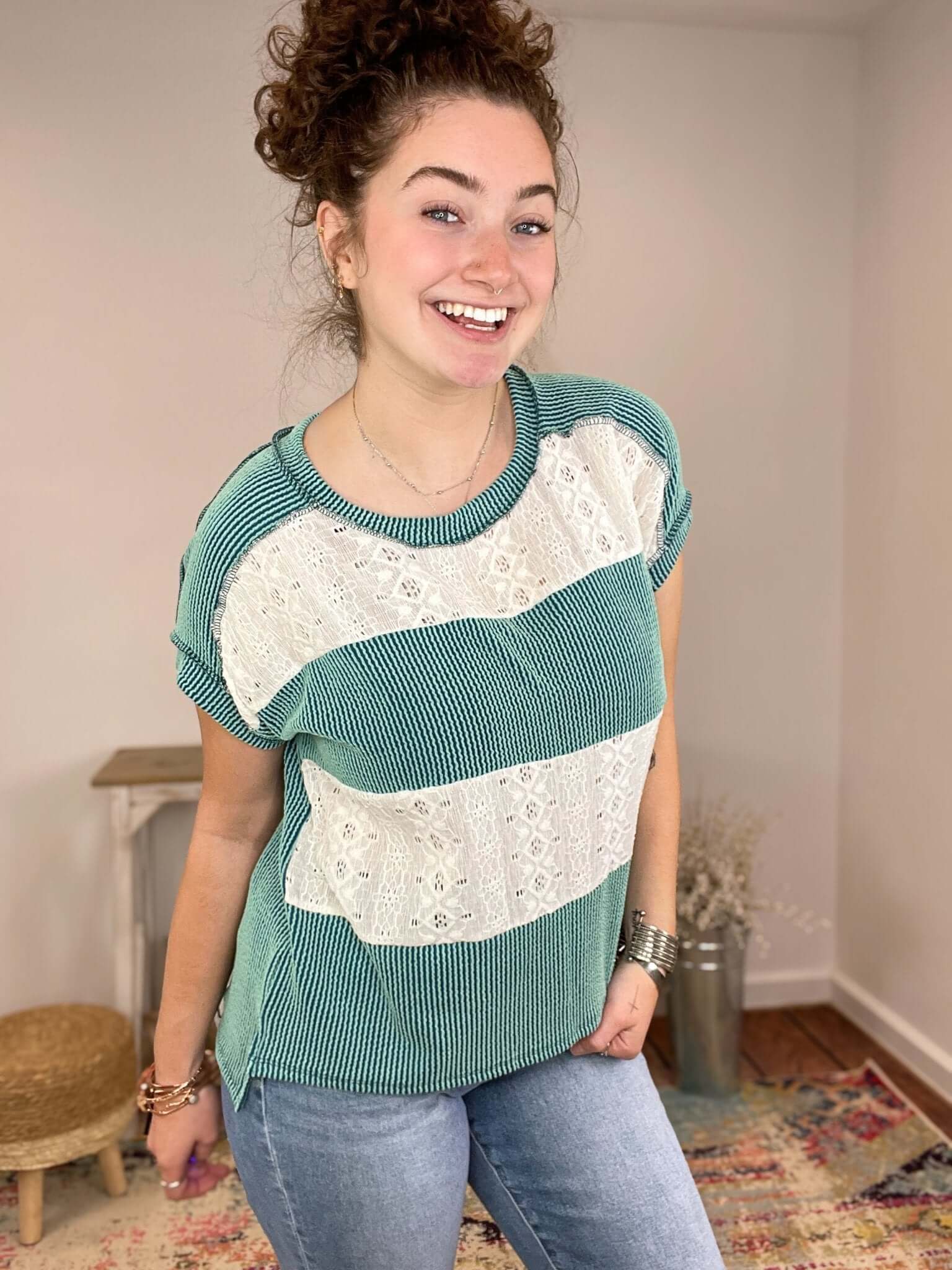 Lines & Lace Short Sleeve Top - Lavender Hills Beauty7th Ray