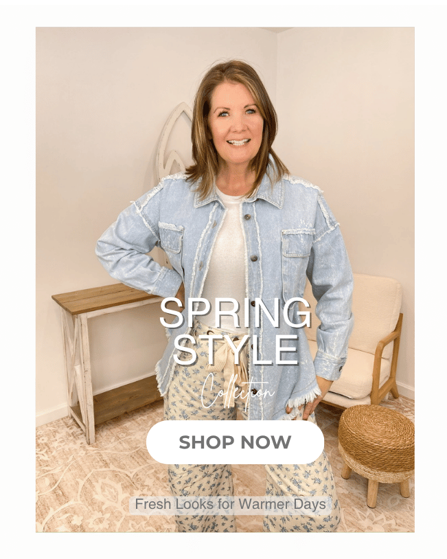 Woman wearing a denim jacket with text overlay promoting spring style and shopping.