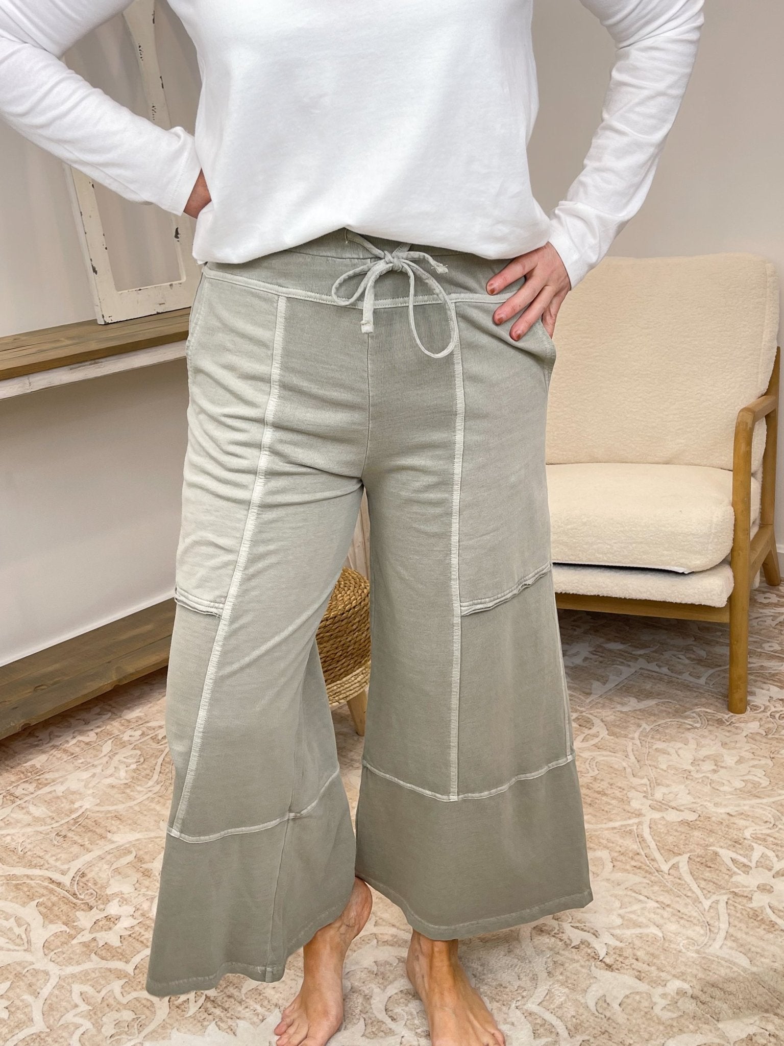 Low - Key Cropped Wide Leg Exposed Seam Wide Leg Lounge Pants - Lavender Hills BeautyZenanaTPW-5355Y-BLK-S