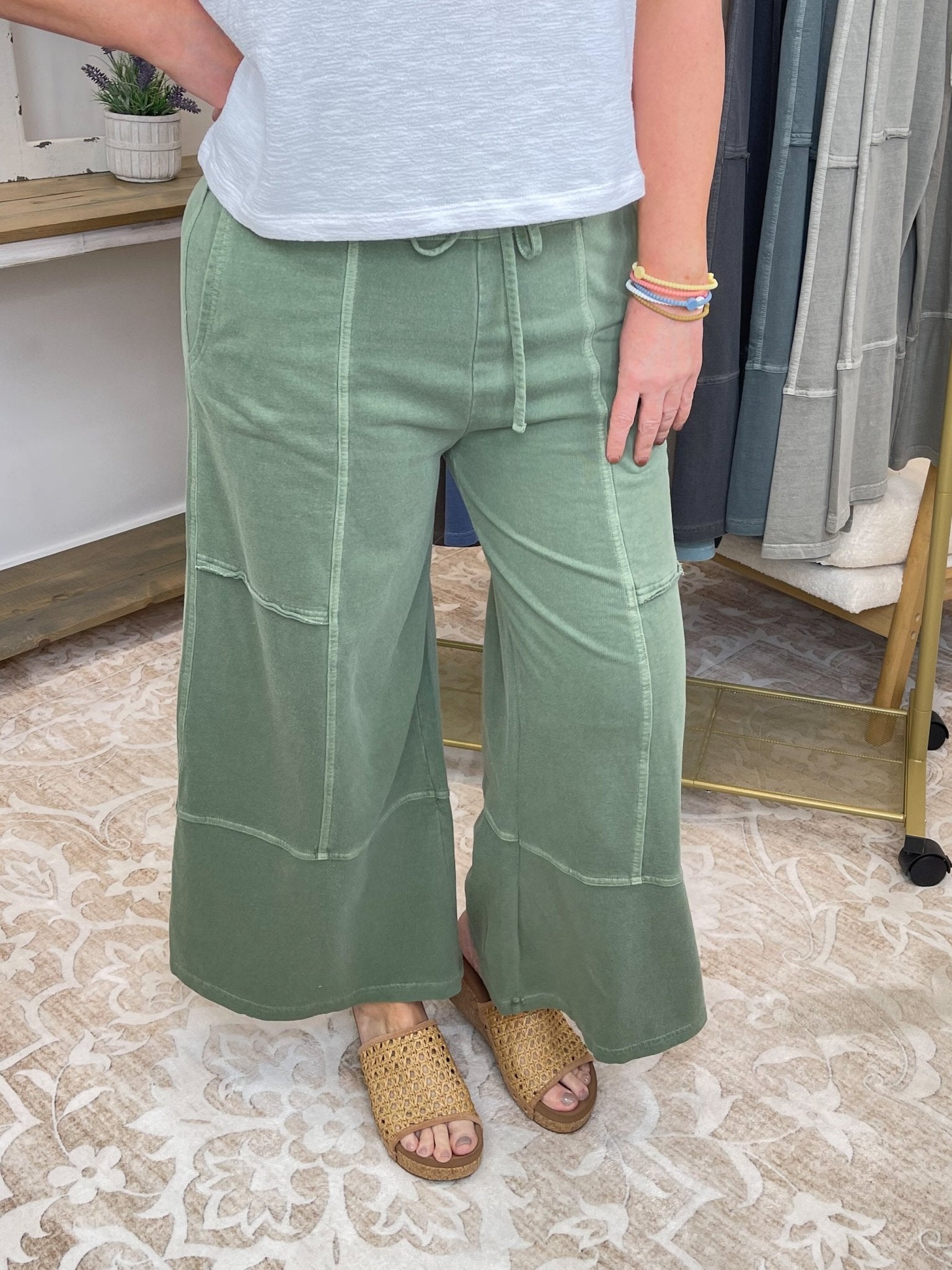 Low - Key Cropped Wide Leg Exposed Seam Wide Leg Lounge Pants - Lavender Hills BeautyZenana