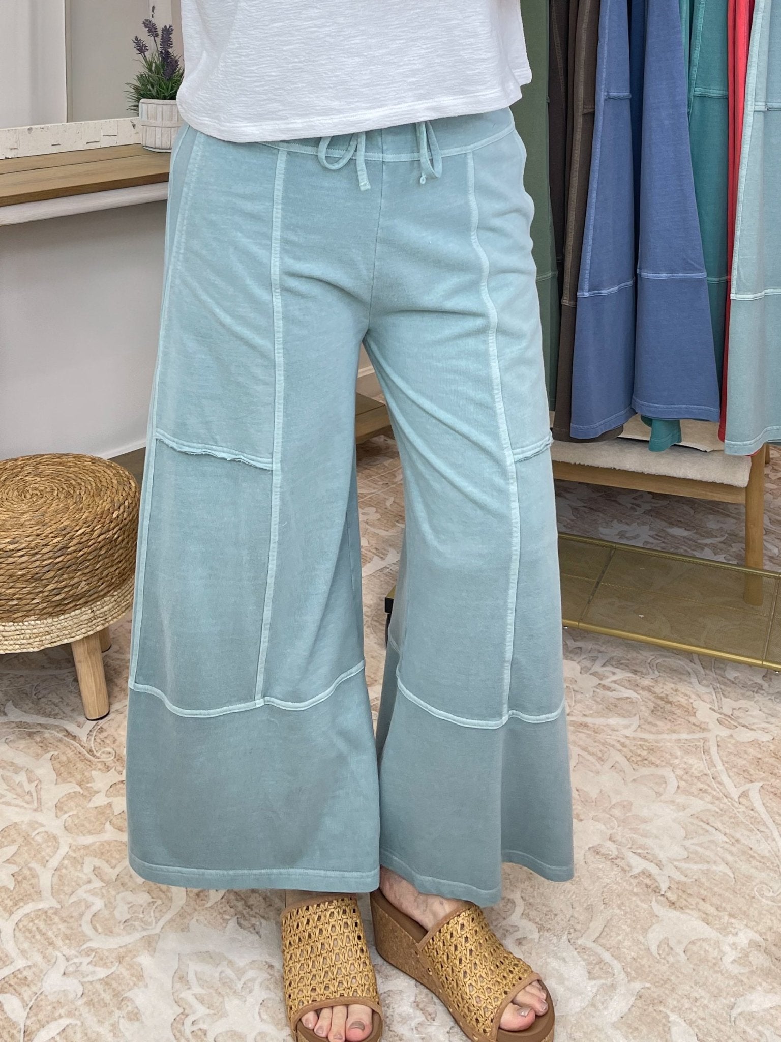 Low - Key Cropped Wide Leg Exposed Seam Wide Leg Lounge Pants - Lavender Hills BeautyZenana