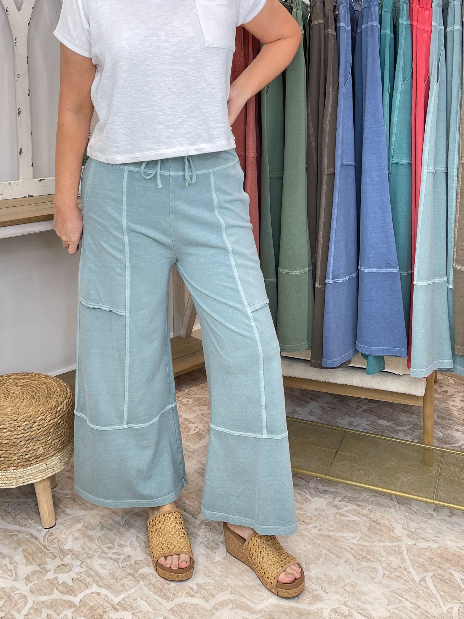 Low - Key Cropped Wide Leg Exposed Seam Wide Leg Lounge Pants - Lavender Hills BeautyZenanaTPW-5355Y-ASHMCH-S
