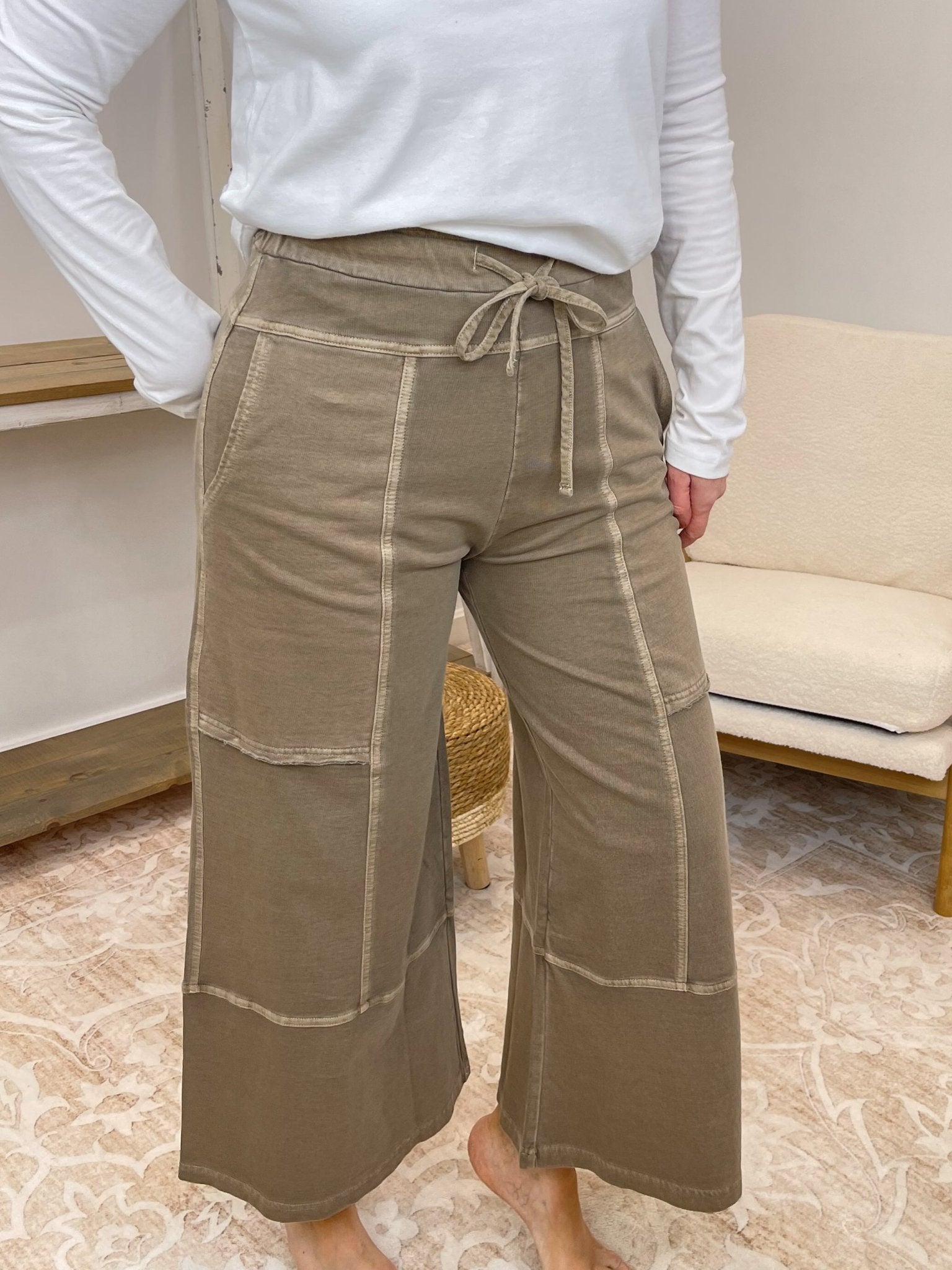 Low - Key Cropped Wide Leg Exposed Seam Wide Leg Lounge Pants - Lavender Hills BeautyZenanaTPW-5355Y-BLK-S