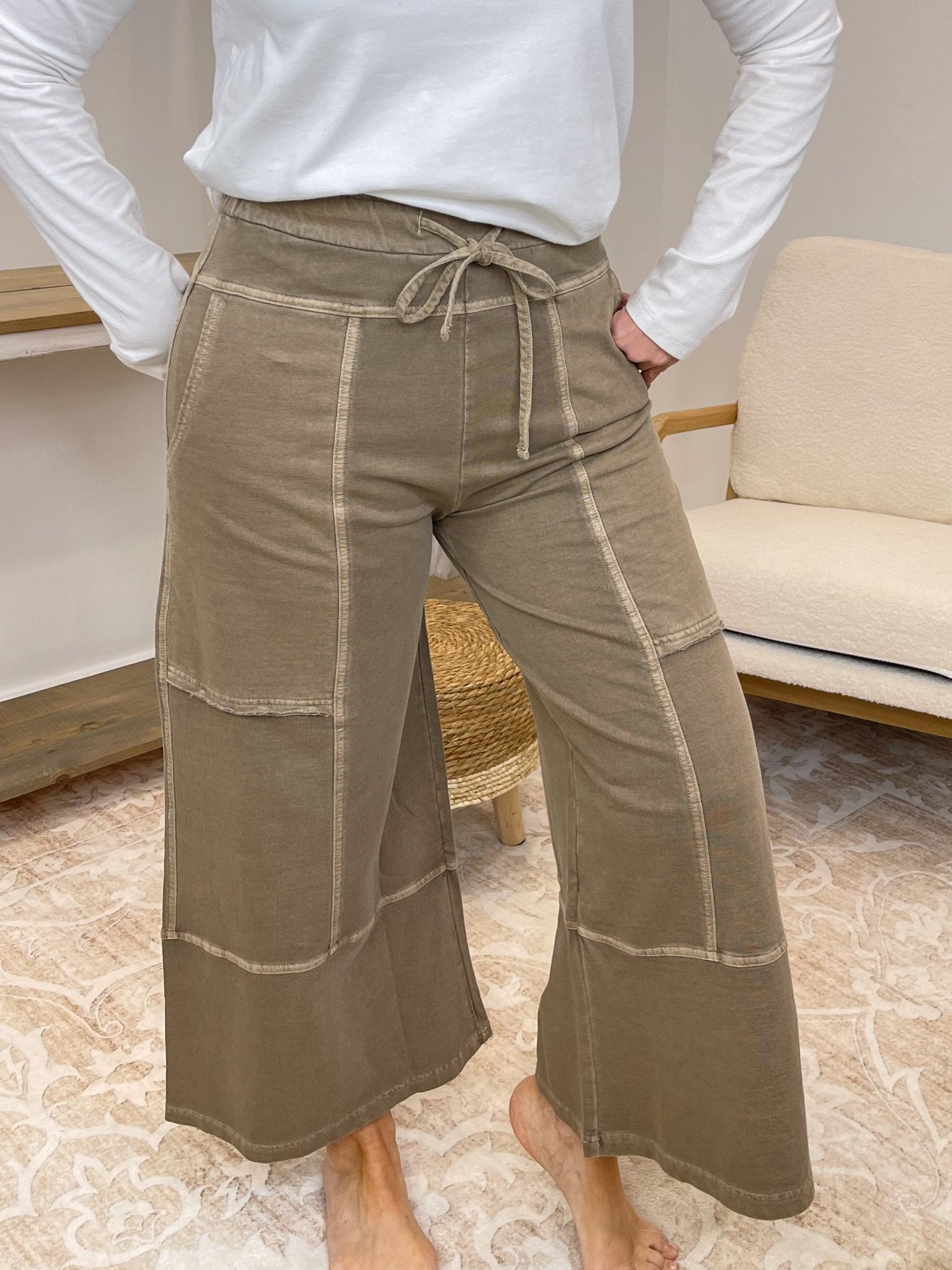 Low - Key Cropped Wide Leg Exposed Seam Wide Leg Lounge Pants - Lavender Hills BeautyZenanaTPW-5355Y-BLK-S