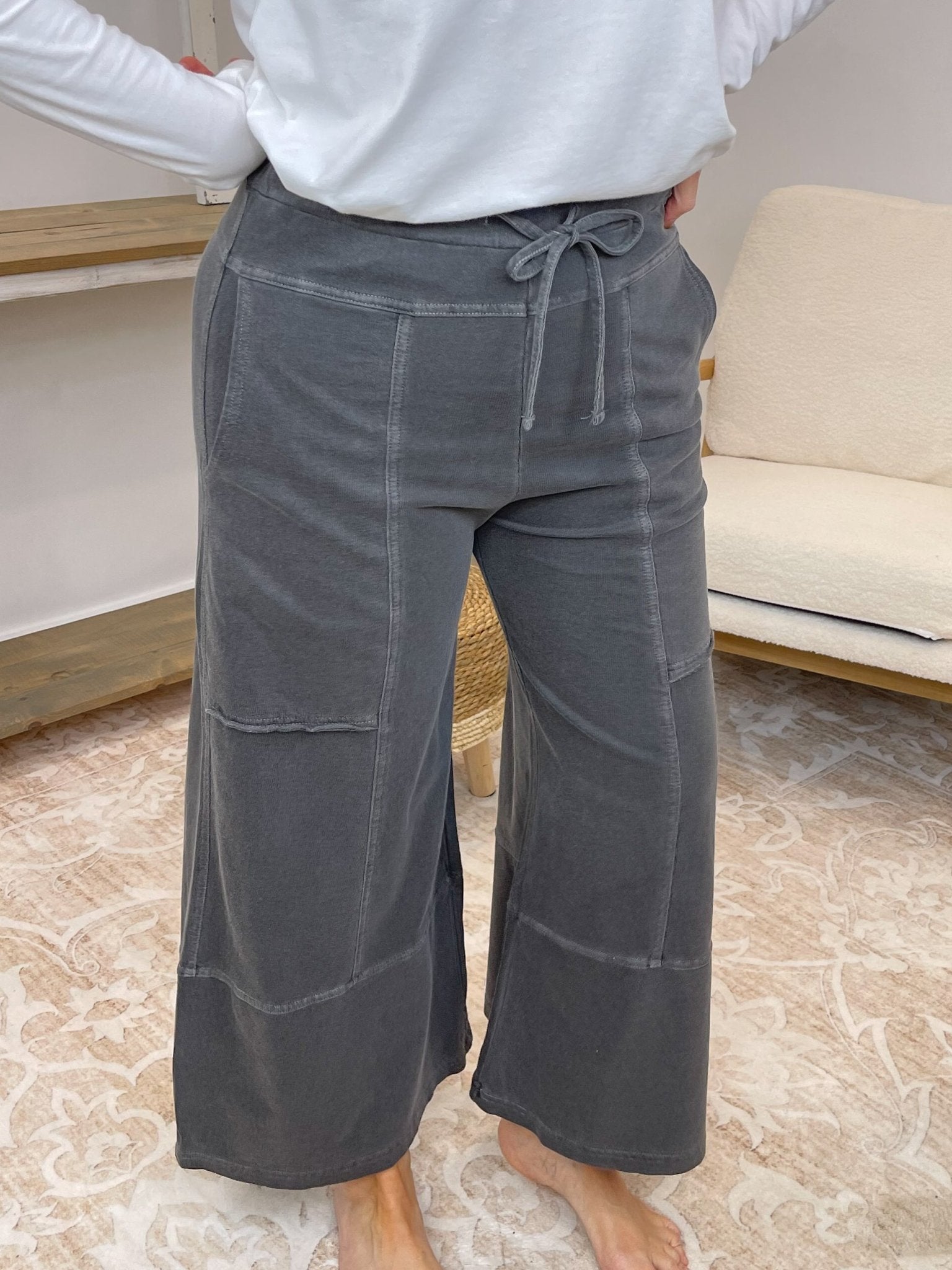 Low - Key Cropped Wide Leg Exposed Seam Wide Leg Lounge Pants - Lavender Hills BeautyZenanaTPW-5355Y-BLK-S