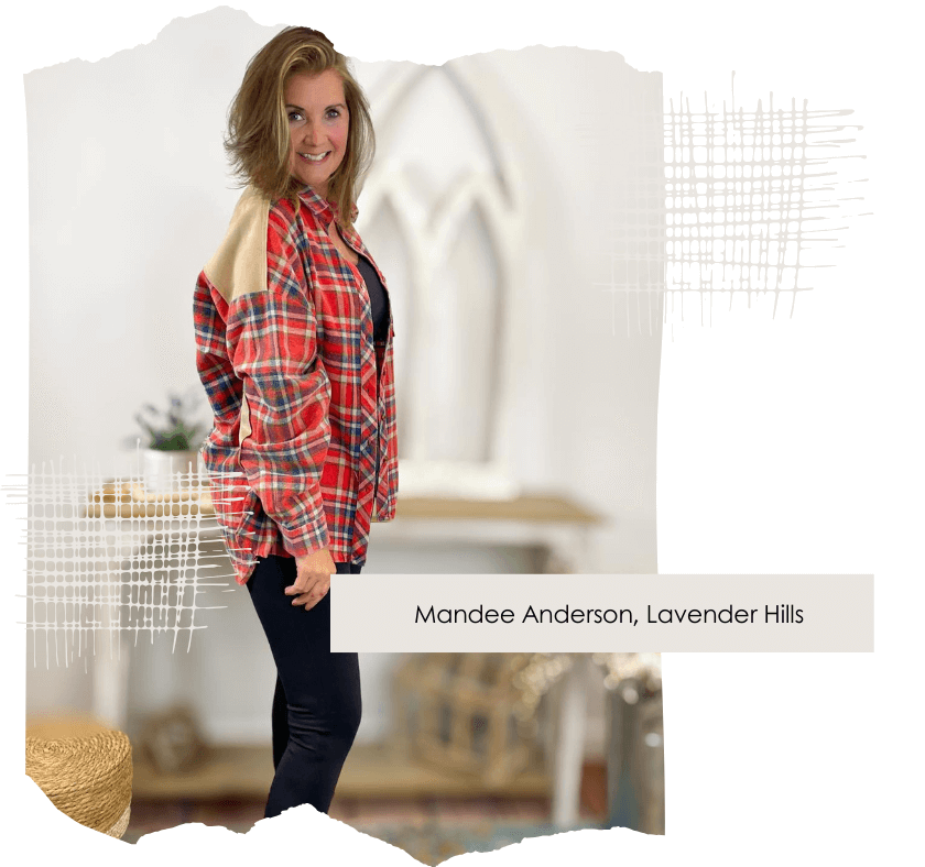 Mandee, owner of Lavender Hills Beauty boutique, warmly welcomes guests surrounded by stylish women’s clothing and accessories.