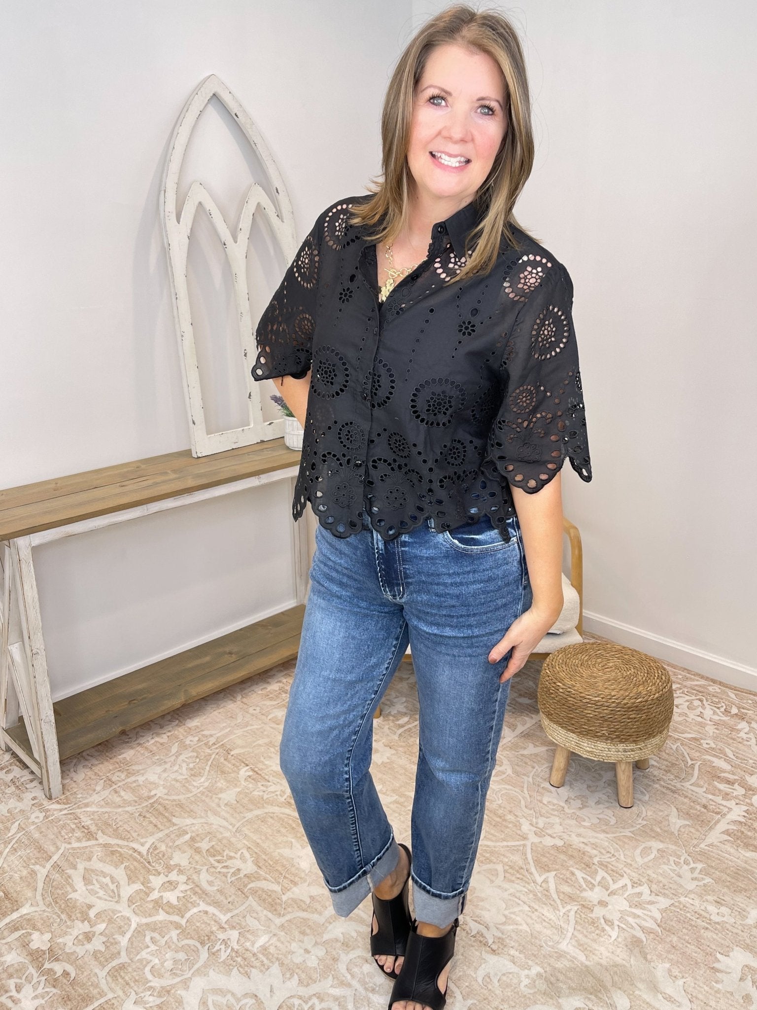 Midnight Bloom Eyelet Lace Button - Down Blouse - Lavender Hills BeautyKori AmericaKCT1840A-S