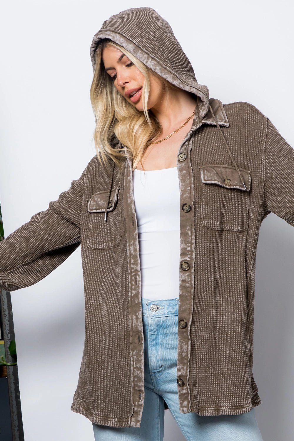 Cocoa Cozy Waffle Hooded Shacket - Lavender Hills Beauty26 InternationalSP34095 - S