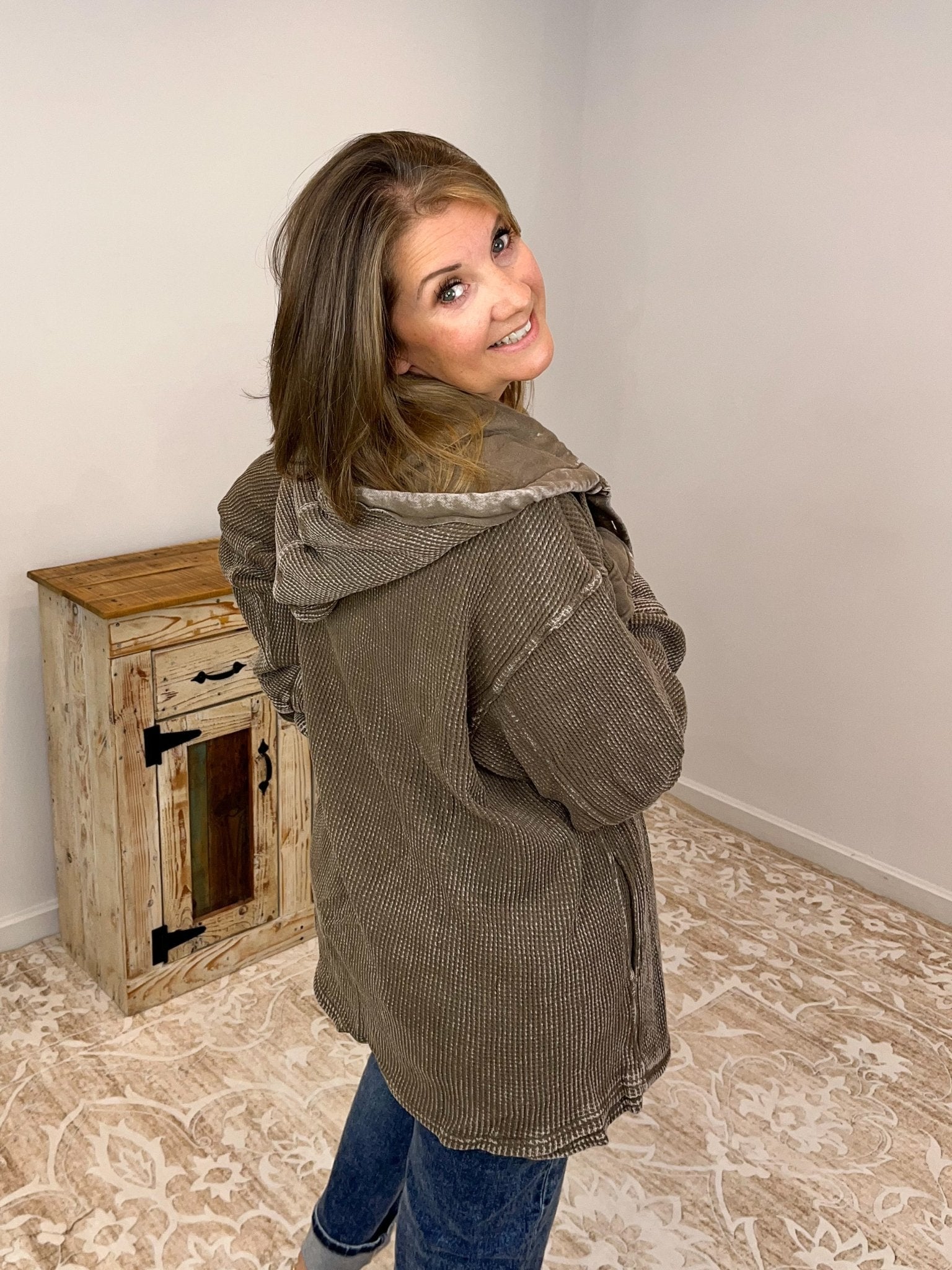 Cocoa Cozy Waffle Hooded Shacket - Lavender Hills Beauty26 InternationalSP34095 - S