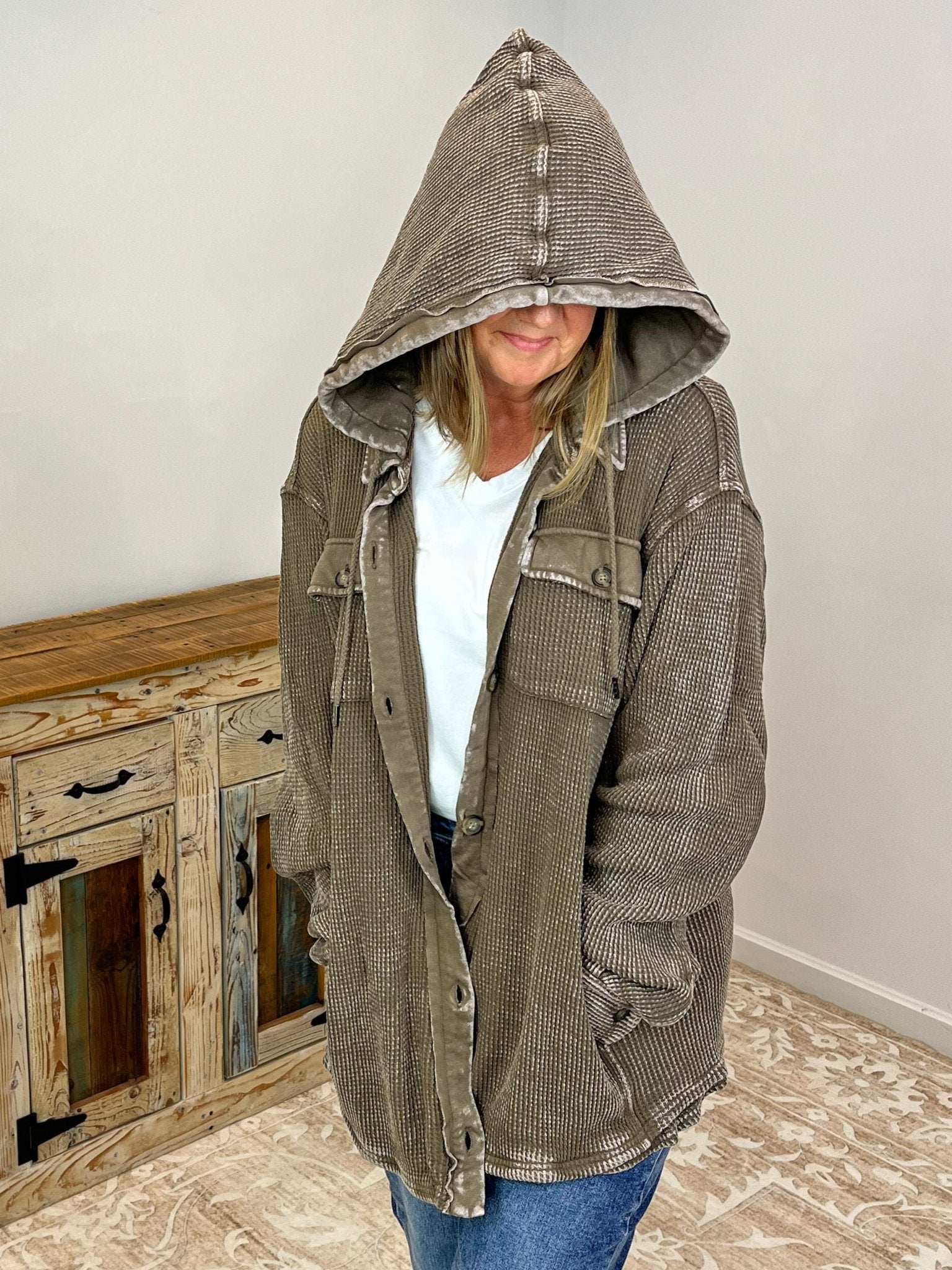 Cocoa Cozy Waffle Hooded Shacket - Lavender Hills Beauty26 InternationalSP34095 - S