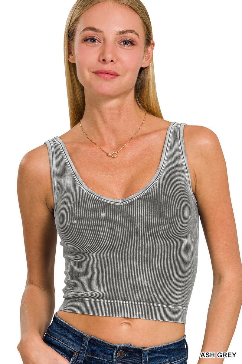 Two-Way Ultra Ribbed Brami Cropped Tank Top - Lavender Hills BeautyZenanaNTW-6186A-ASHGRY-SM