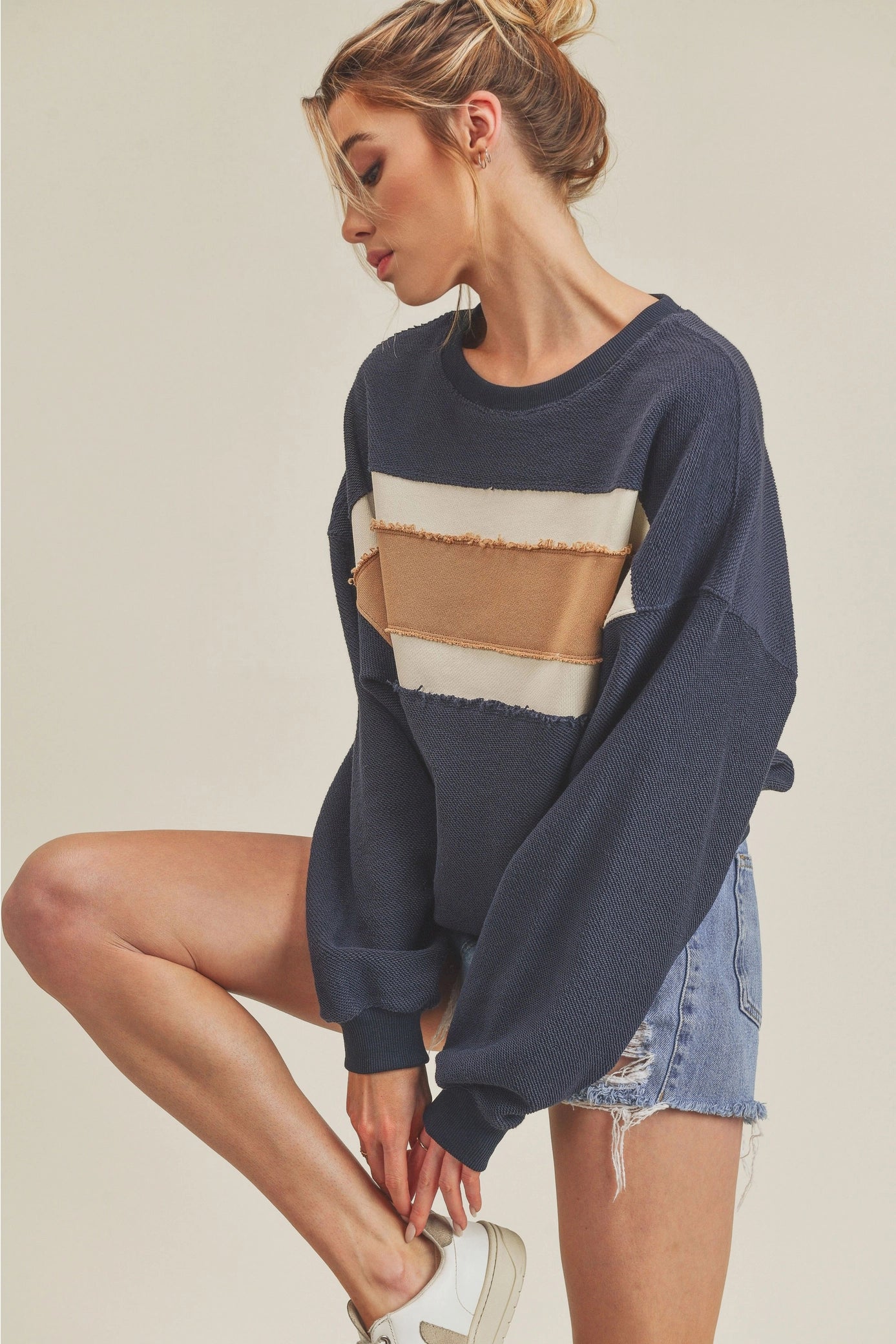 Navy High Tide Long Sleeve Pullover Sweatshirt Top - Lavender Hills BeautyAMEI & CO846AD - NVY - S
