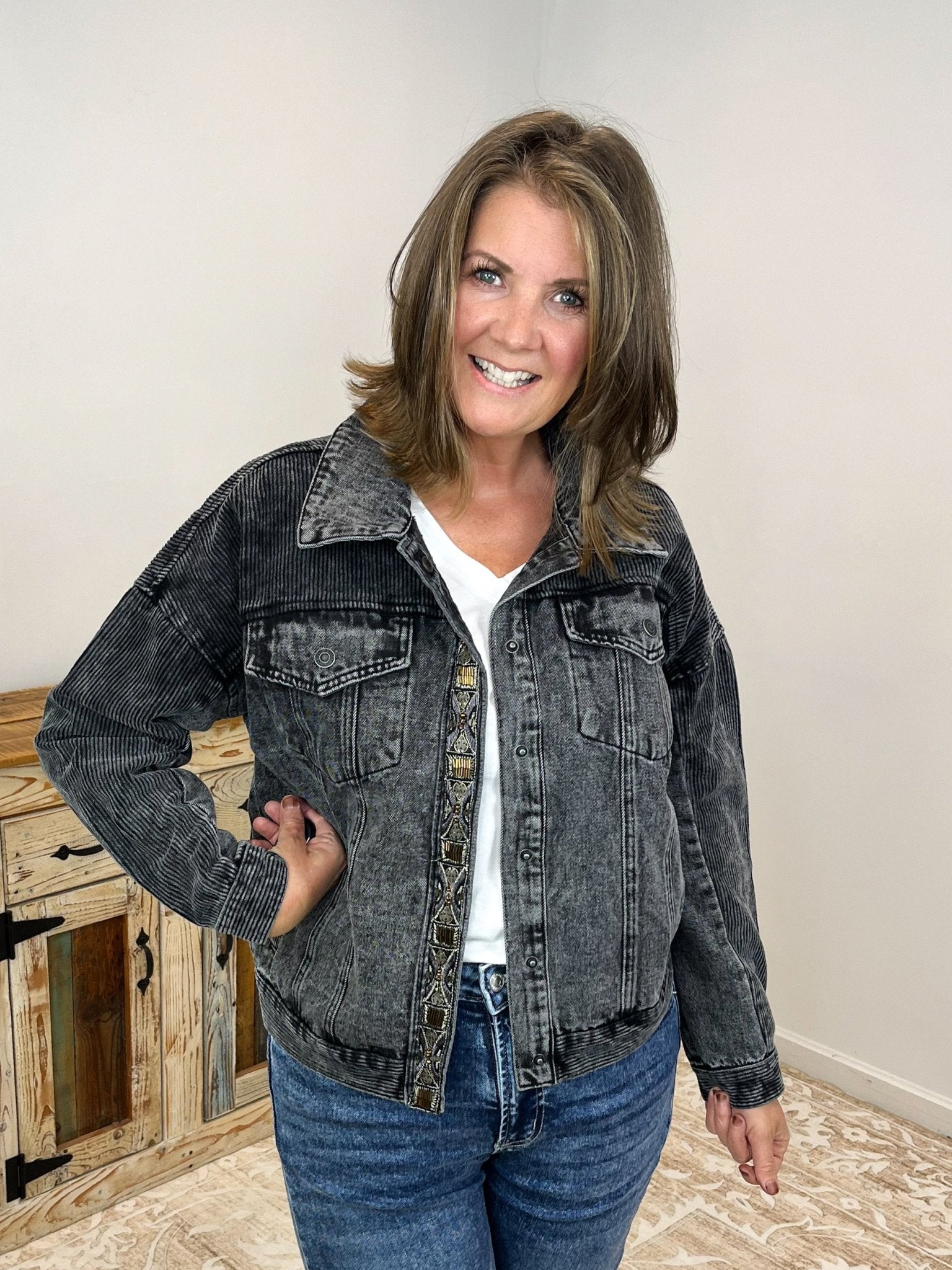 Nightfall Denim & Corduroy Jacket w/ Beaded Trim - Lavender Hills Beauty26 InternationalSP14499 - S
