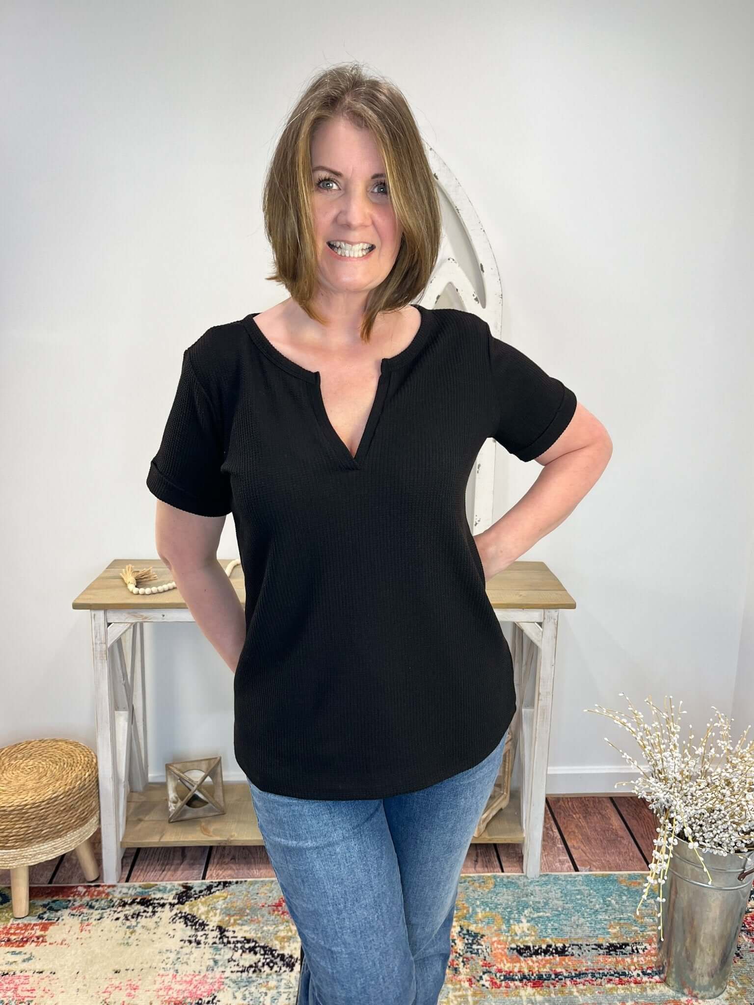Notch Neck Short Sleeve Waffle Knit Top - Lavender Hills BeautyZenana