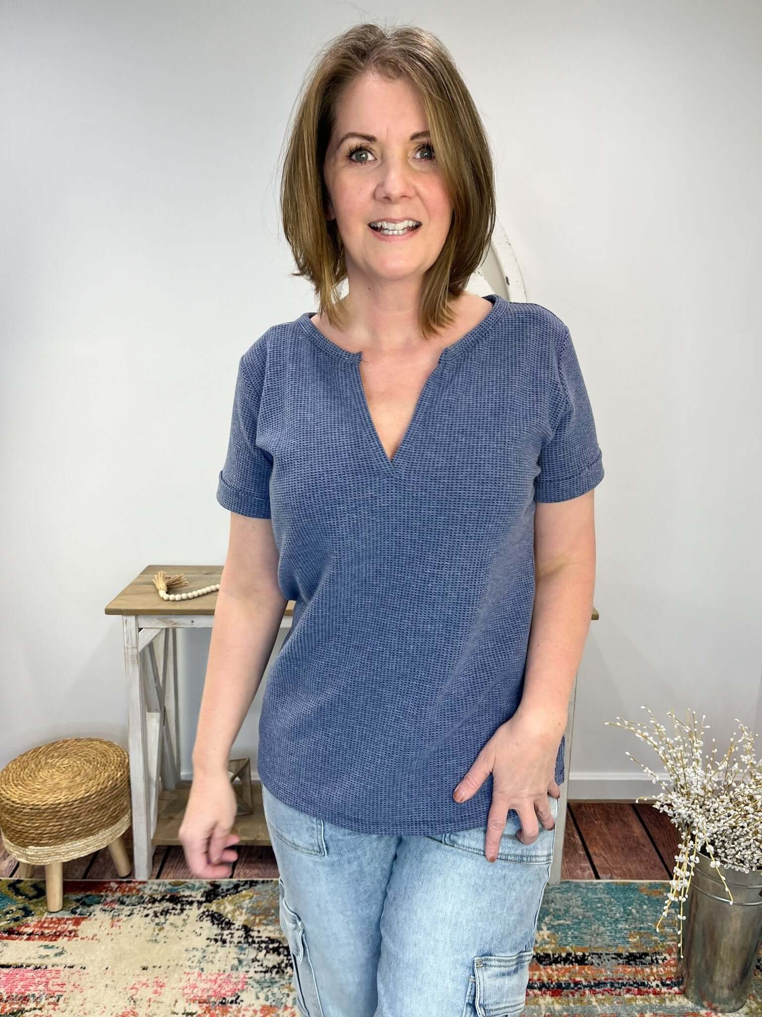 Notch Neck Short Sleeve Waffle Knit Top - Lavender Hills BeautyZenana