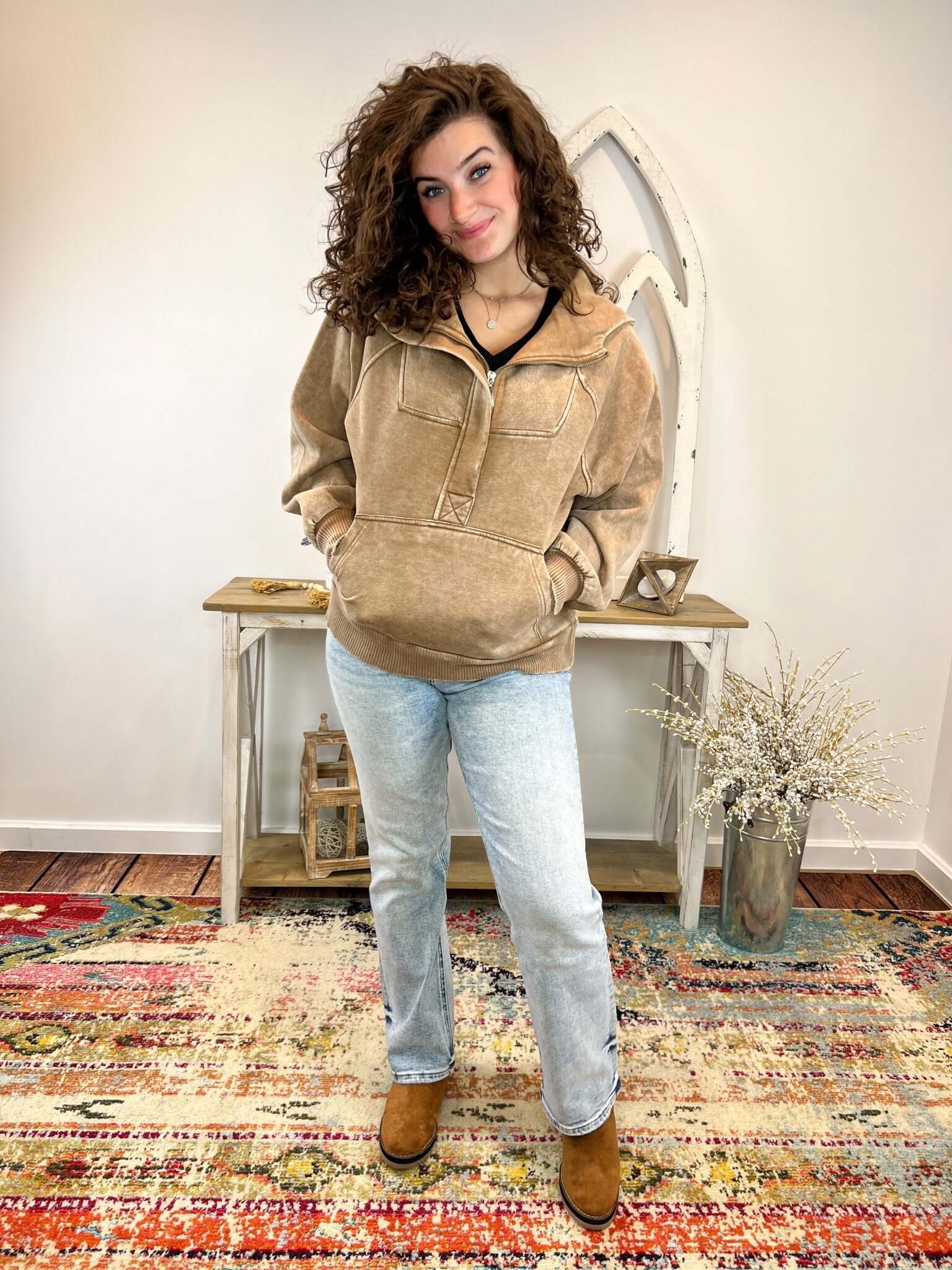 Mocha Acid Wash Quarter Zip Fleece Hoodie Pullover Sweatshirt - Lavender Hills BeautyZenana