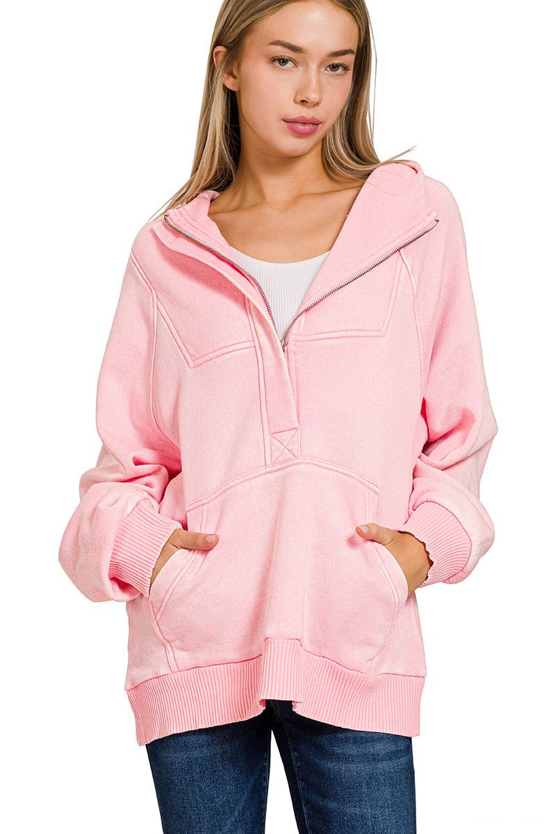 Acid Wash Quarter Zip Fleece Hoodie Pullover Sweatshirt - Pink - Lavender Hills BeautyZenanaOTW - 4557Y - DKPNK - S