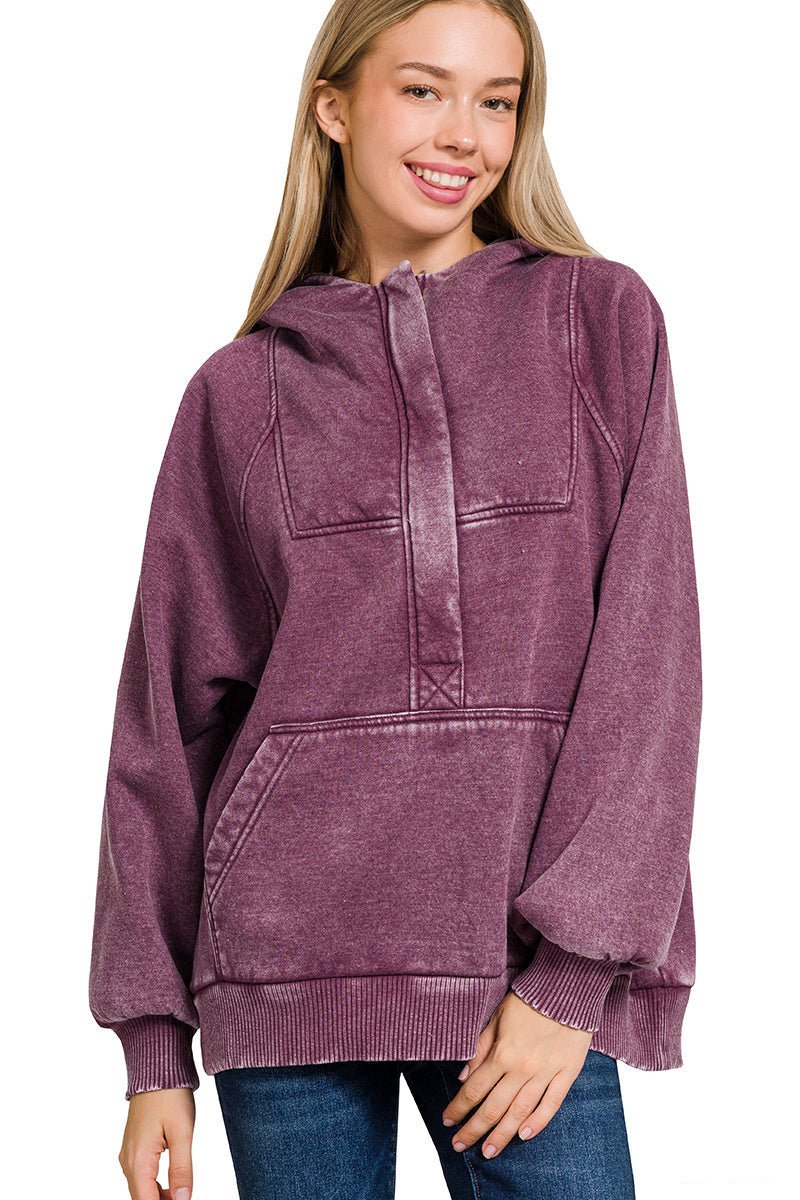 Acid Wash Quarter Zip Fleece Hoodie Pullover Sweatshirt - Eggplant - Lavender Hills BeautyZenanaOTW - 4557Y - EGGPNT - S