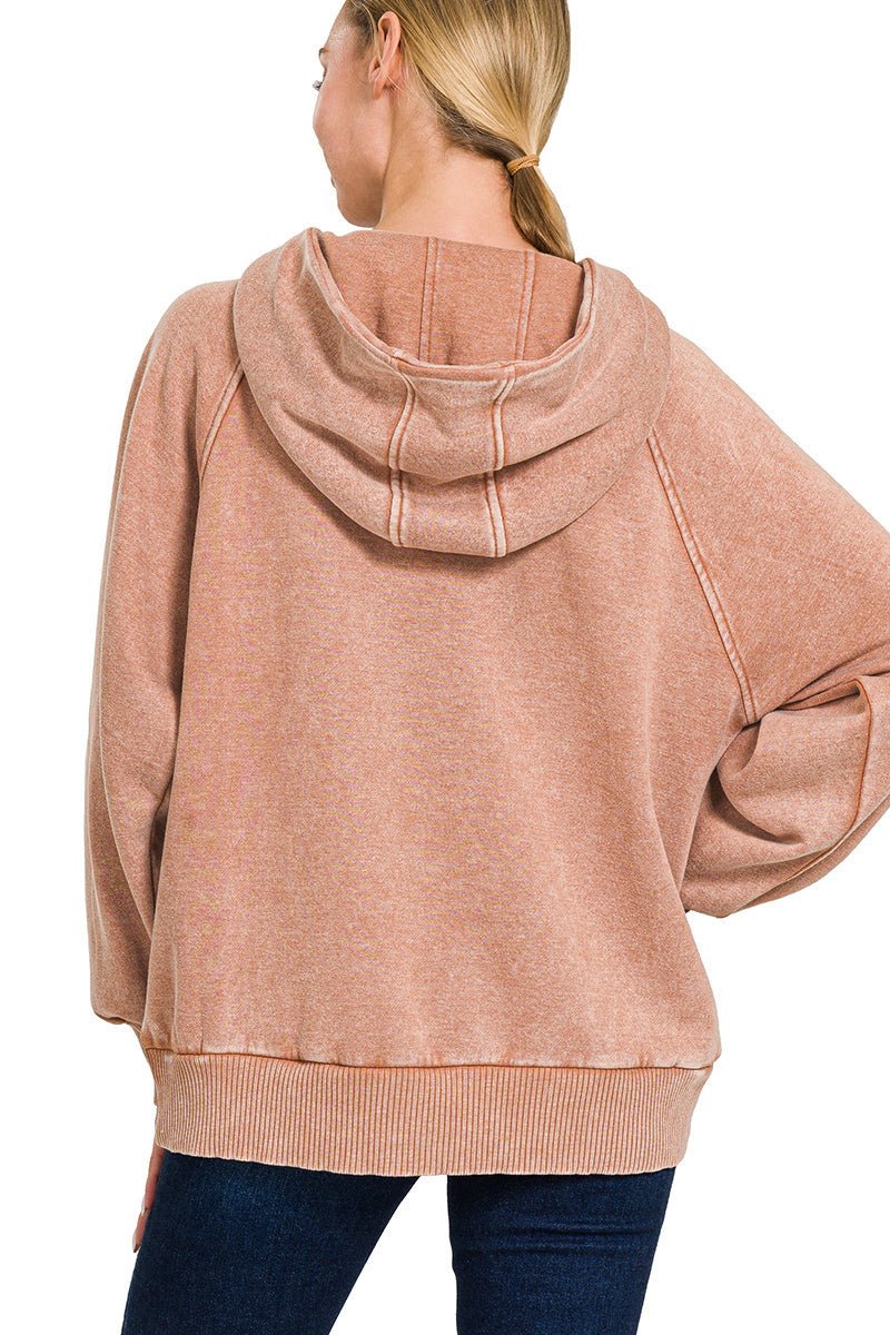 Acid Wash Quarter Zip Fleece Hoodie Pullover Sweatshirt - Rust - Lavender Hills BeautyZenanaOTW - 4557Y - RST - S