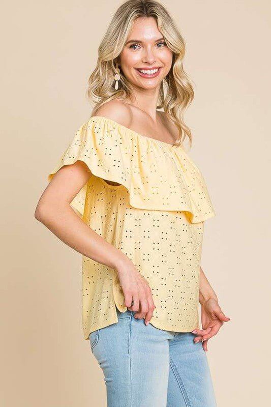 Off the Shoulder Eyelet Ruffle Top - Lavender Hills BeautyCulture Code
