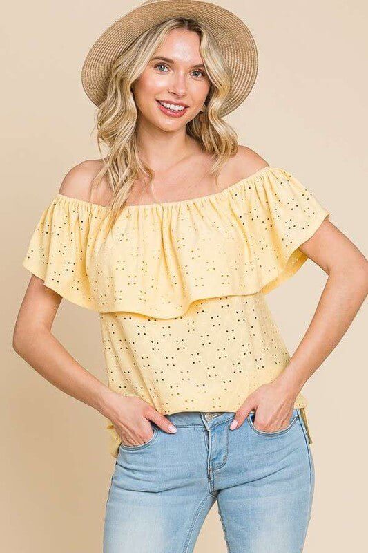 Off the Shoulder Eyelet Ruffle Top - Lavender Hills BeautyCulture Code