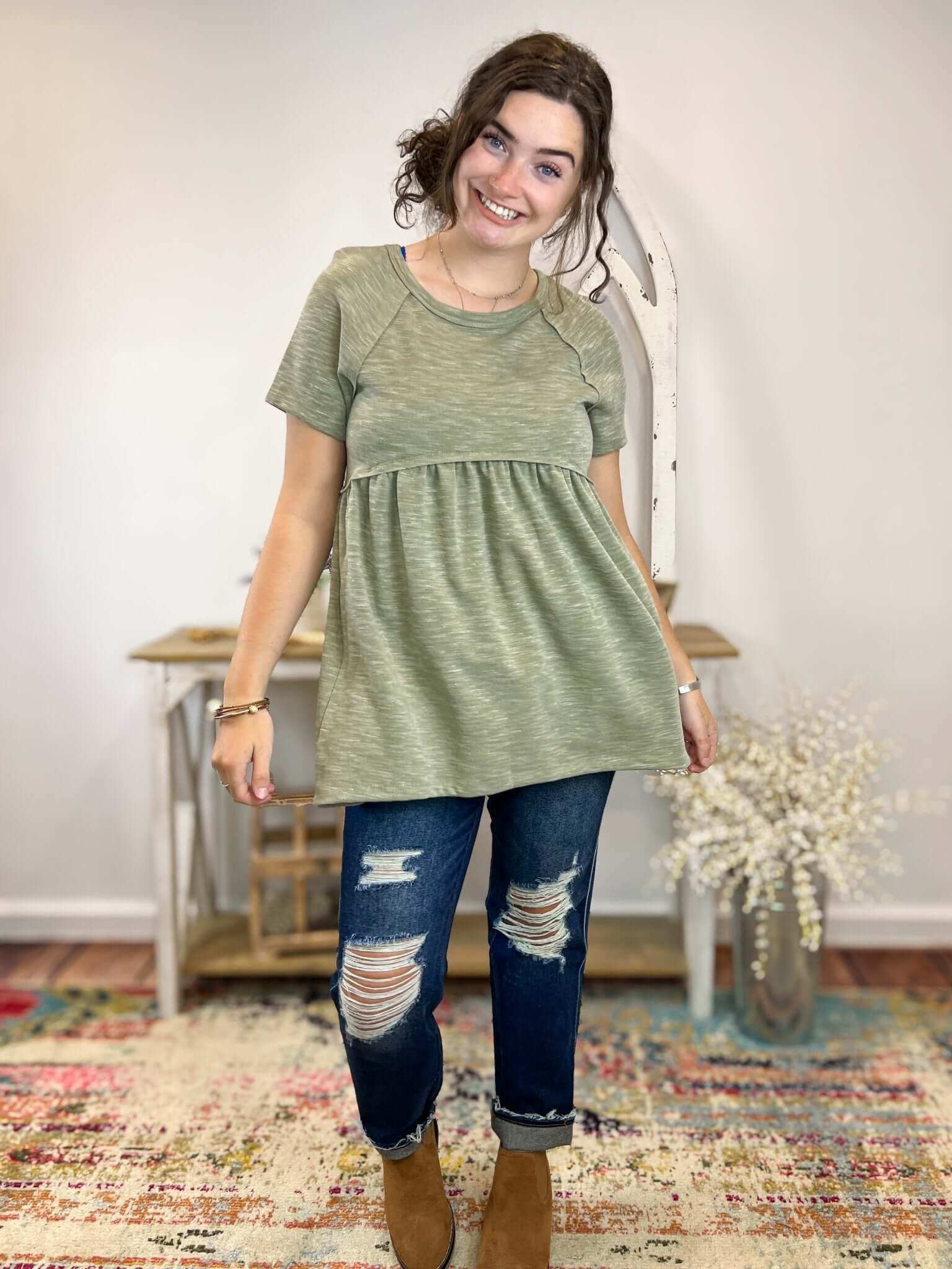 Olive Babydoll Raw Edge Top Shirt - Lavender Hills BeautyHaydenHJ3320 - OLV - S