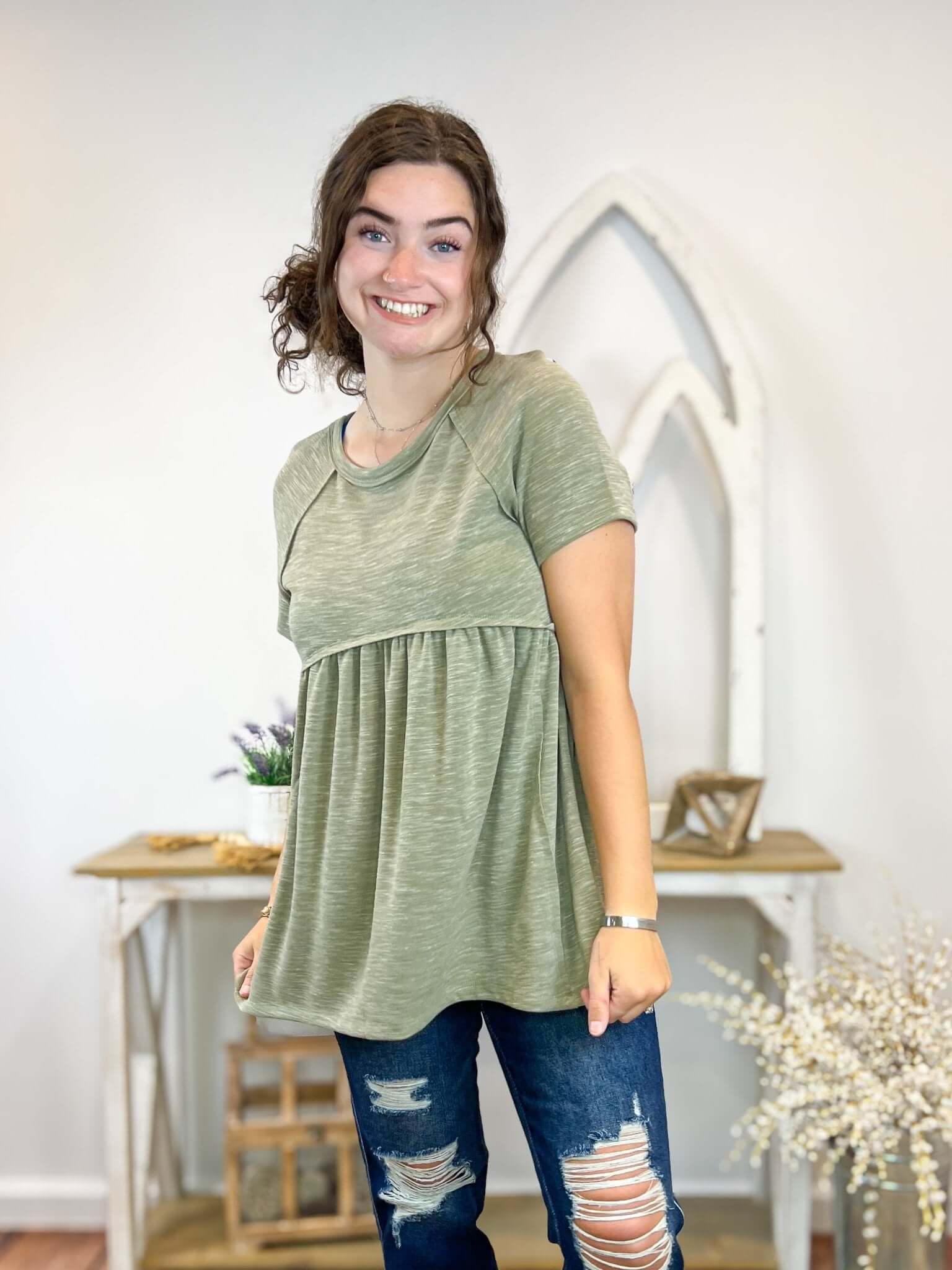 Olive Babydoll Raw Edge Top Shirt - Lavender Hills BeautyHaydenHJ3320 - OLV - S