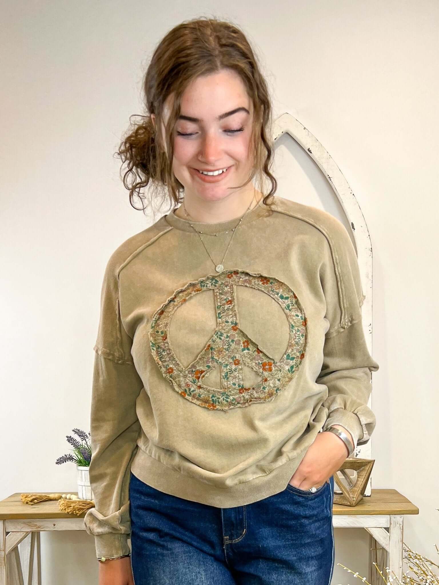 Peace Sign Washed Terry Knit Pullover Sweatshirt - Lavender Hills BeautyEaselET18316 - S