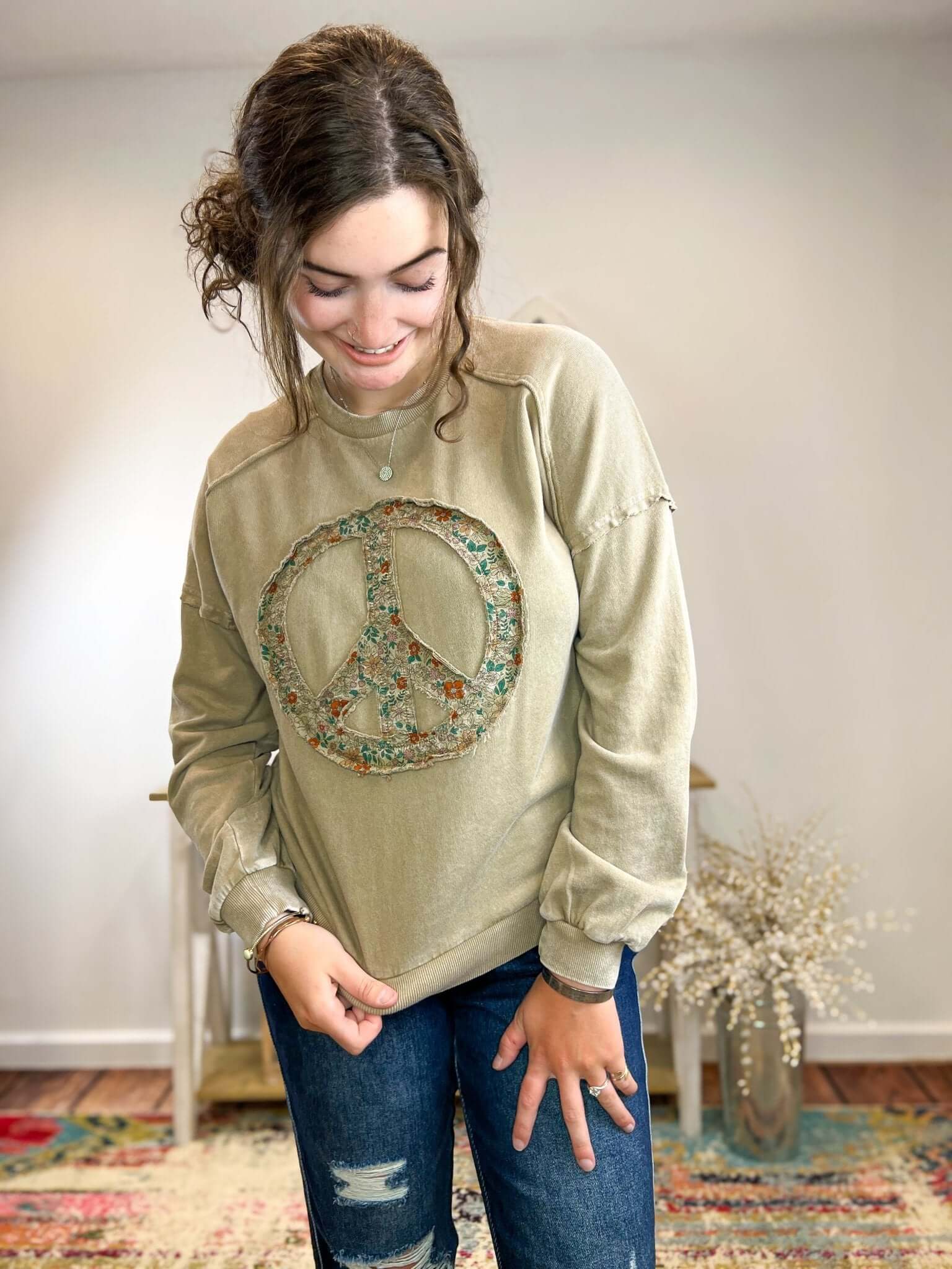 Peace Sign Washed Terry Knit Pullover Sweatshirt - Lavender Hills BeautyEaselET18316 - S