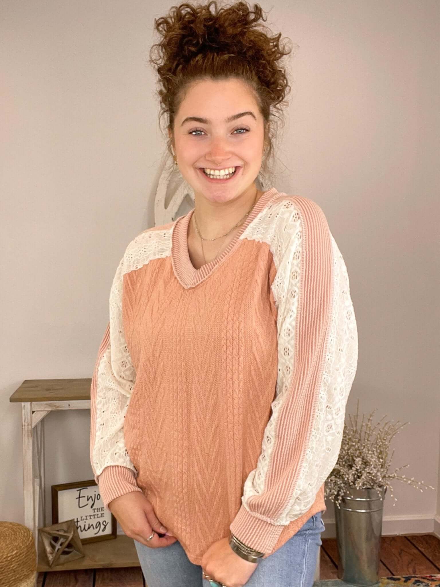 Peach Lace & Cable Knit Long Sleeve Top - Lavender Hills Beauty7th RayT5694MA - PCH - S
