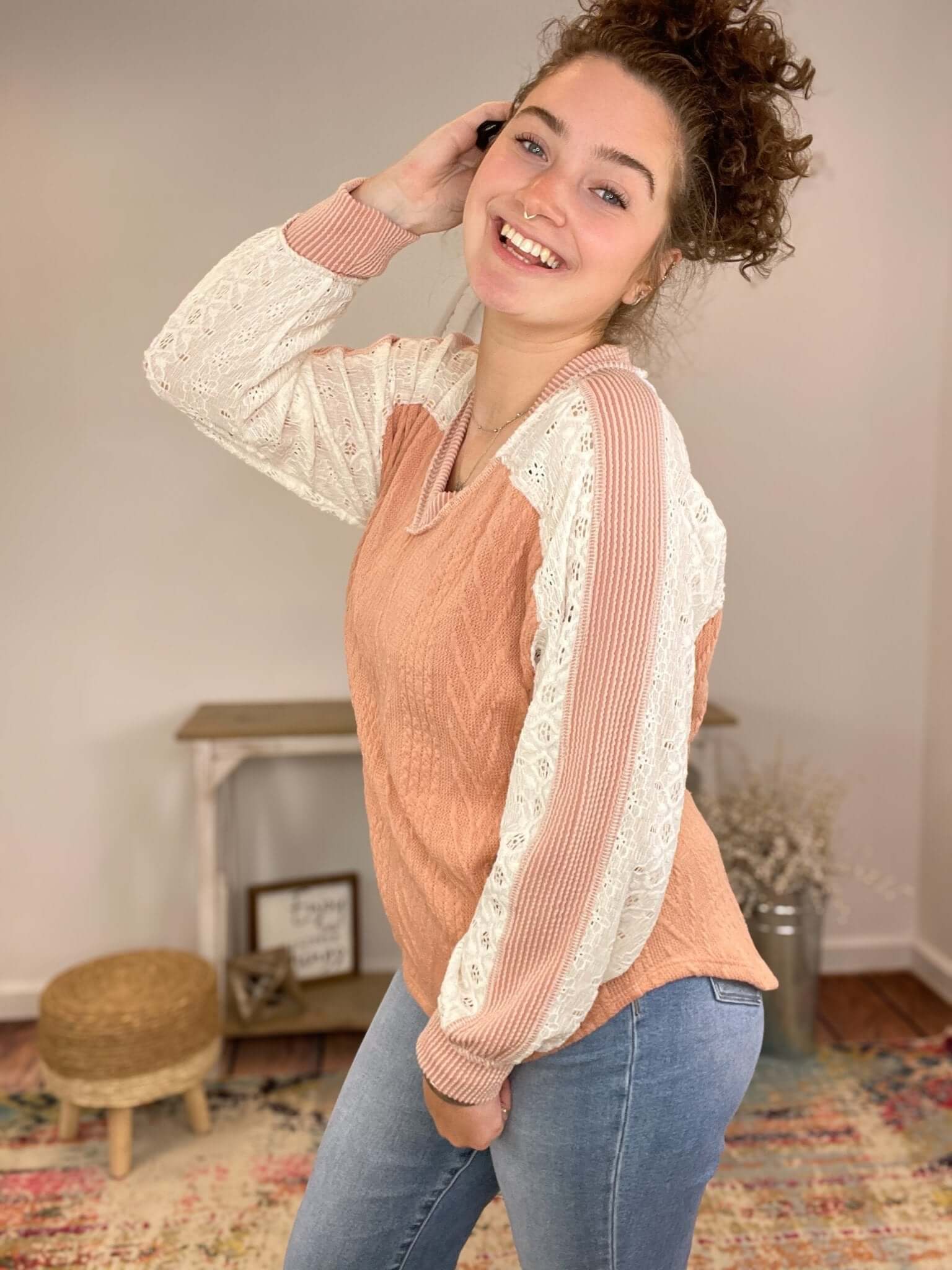 Peach Lace & Cable Knit Long Sleeve Top - Lavender Hills Beauty7th RayT5694MA - PCH - S