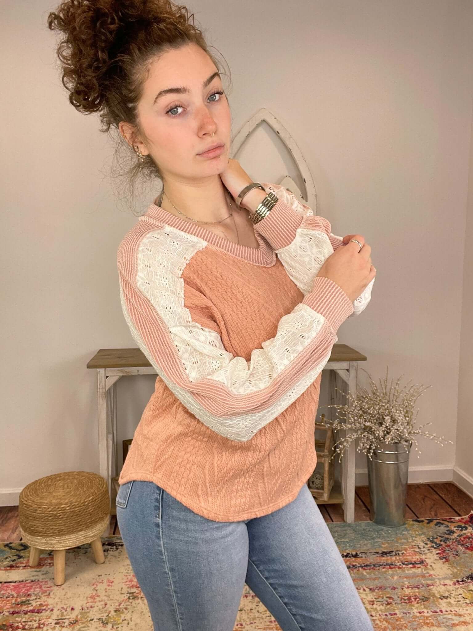Peach Lace & Cable Knit Long Sleeve Top - Lavender Hills Beauty7th RayT5694MA - PCH - S