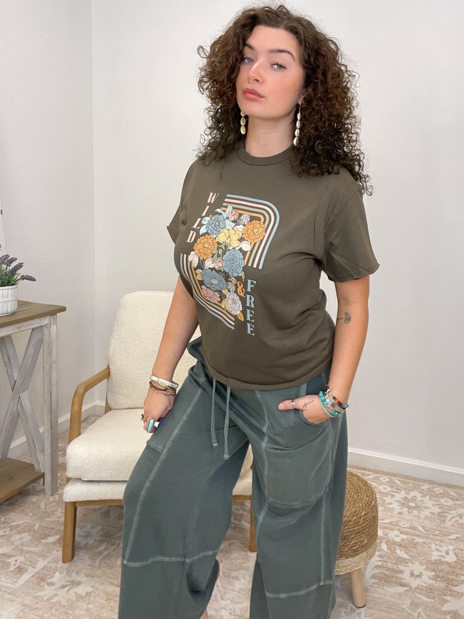 Wild & Free Retro Floral Graphic Tee - Dark Olive - Lavender Hills BeautyLavender Hills Beauty