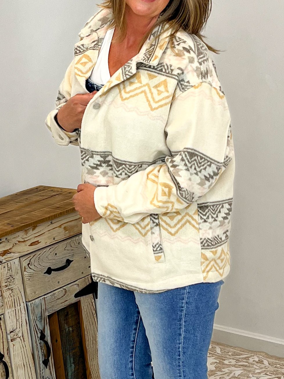 Cream Aztec Print Wool Blend Oversized Shacket - Lavender Hills Beauty26 InternationalOT35361 - S
