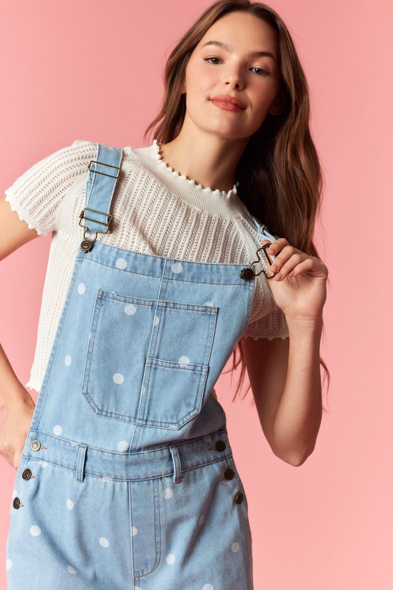 Polka Dot Washed Denim Barrel Leg Overalls - Lavender Hills BeautyPeach Love California