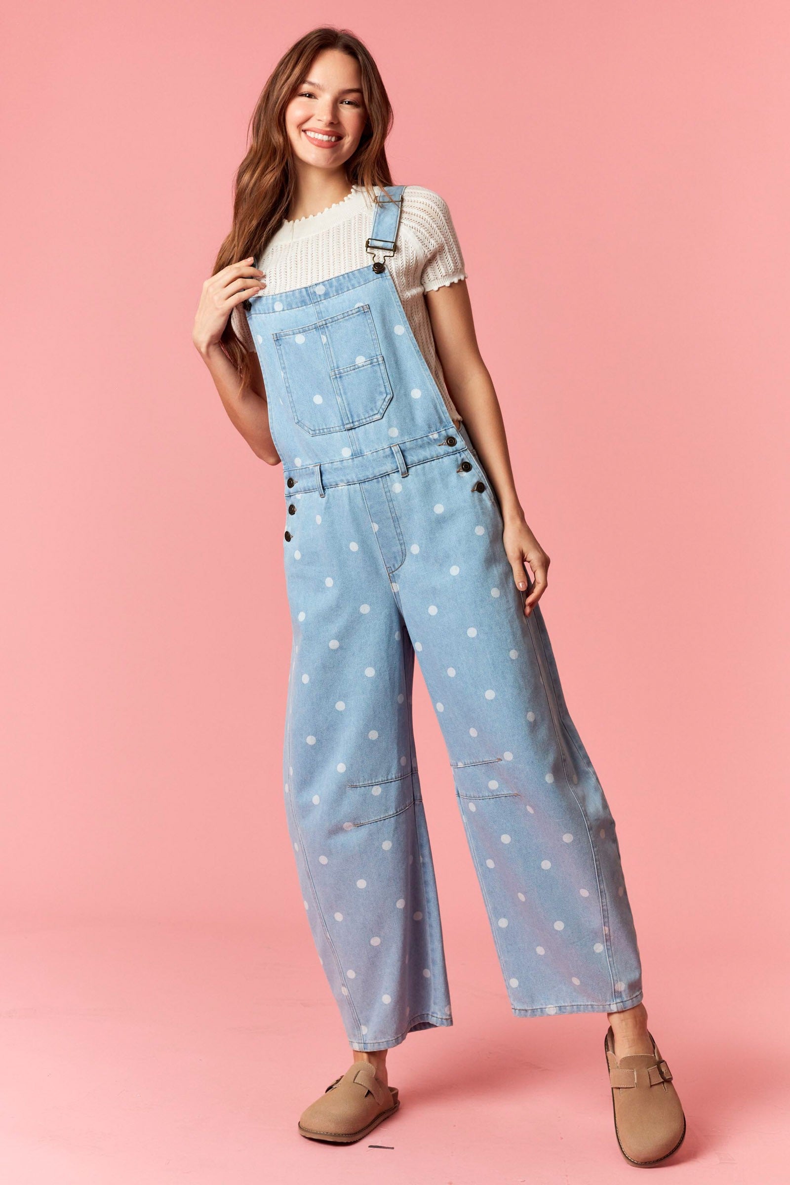 Polka Dot Washed Denim Barrel Leg Overalls