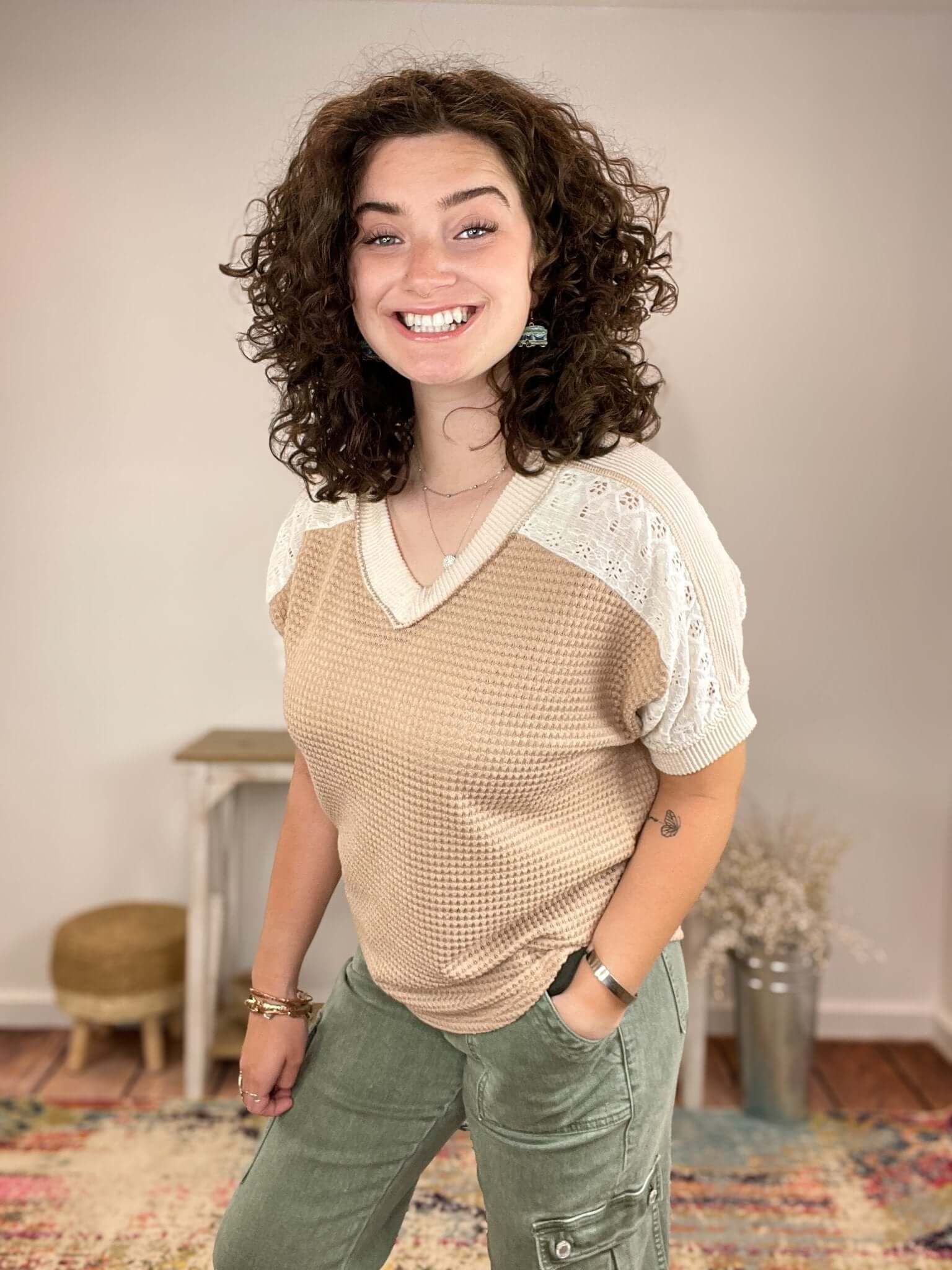 Prairie Charm V - neck Short Sleeve Lace Top - Lavender Hills Beauty7th RayT5860 - BEG - S