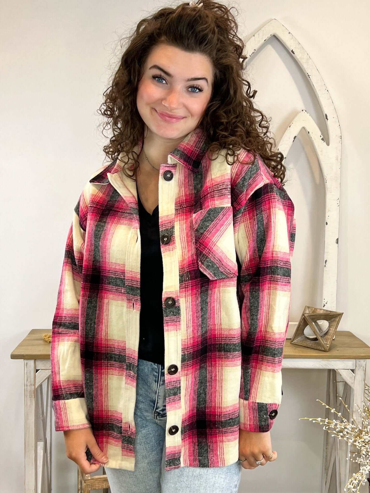 Hot Pink and Black Plaid Flannel Shacket - Lavender Hills BeautyZenanaQJ - 1372D4_HTPNK - S