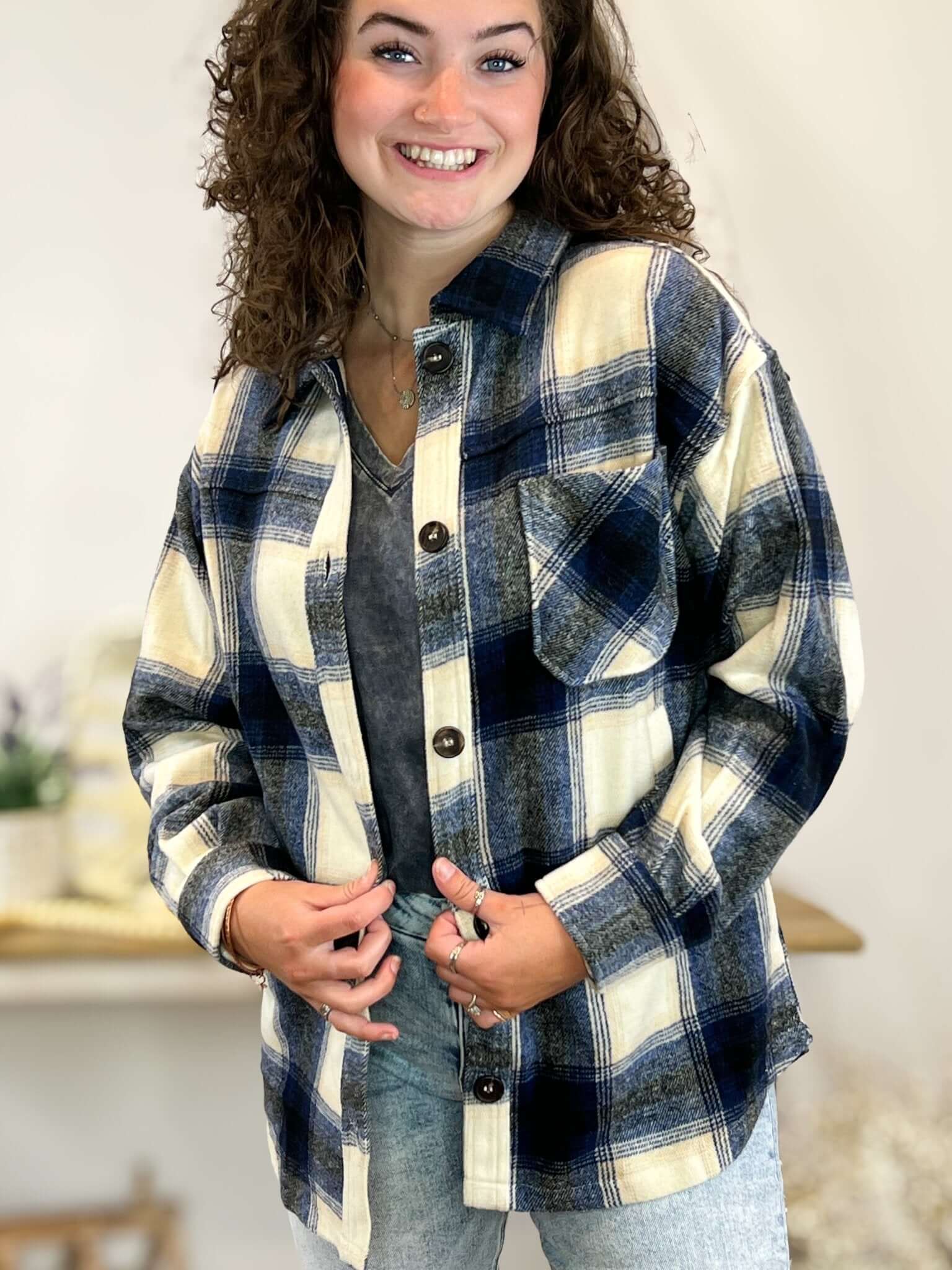 Navy Plaid Flannel Shacket - Lavender Hills BeautyZenanaQJ - 1372D4 - NVY - S